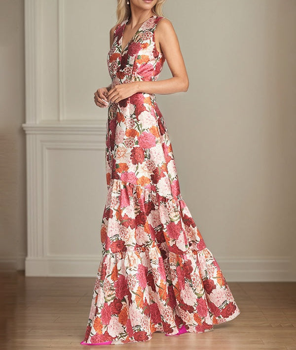 A-Line V-Neck Red Floral Mother of the Bride Dress