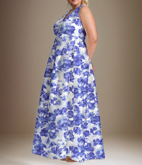 A-line V-Neck Azure Floral Mother of the Bride Dress
