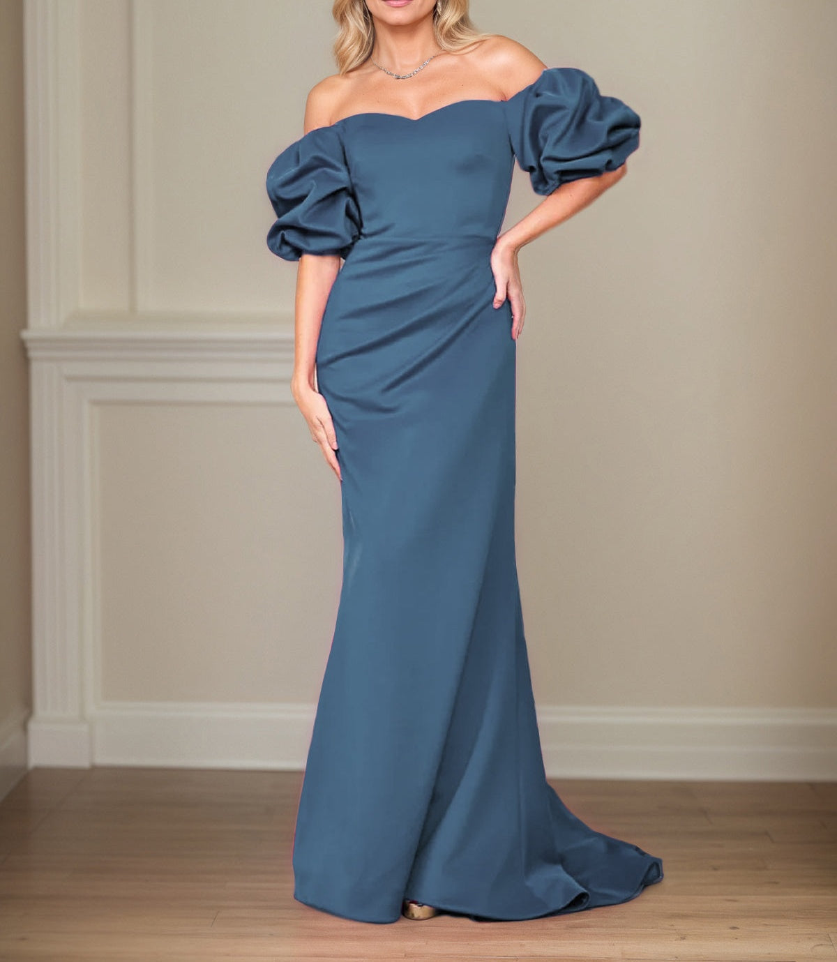 Satin Sheath/Column Off The Shoulder Puff Sleeves Floor Length Mother of the Bride Dresses