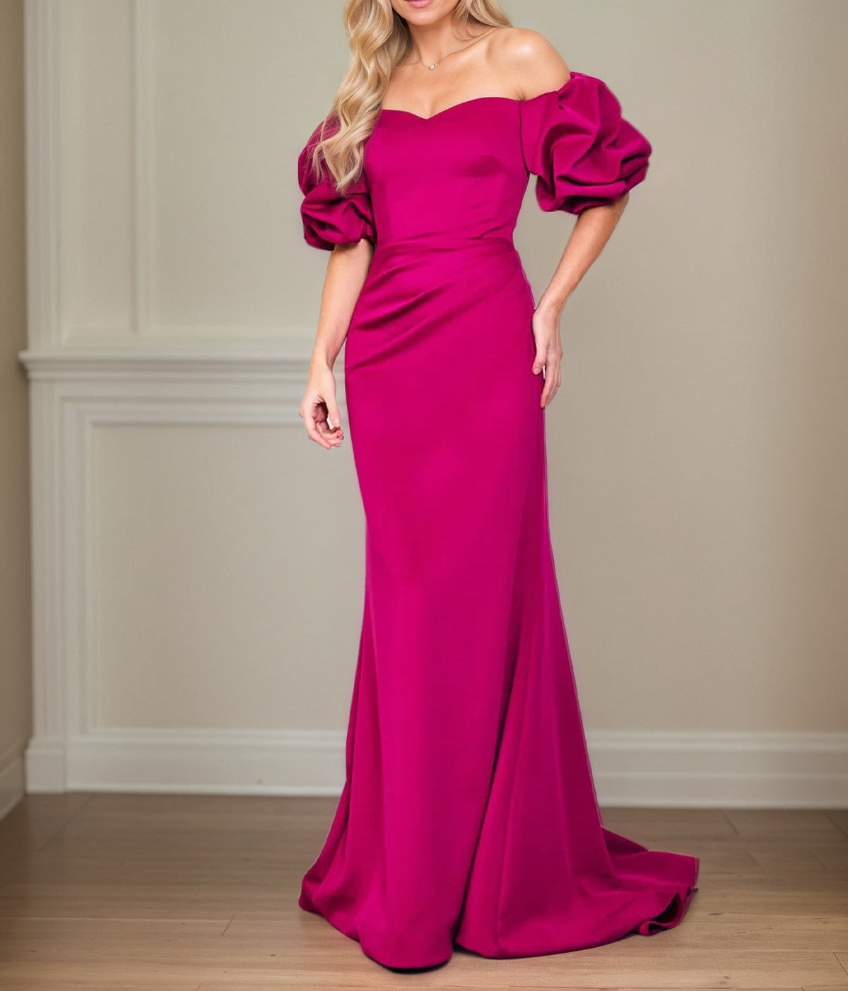 Satin Sheath/Column Off The Shoulder Puff Sleeves Floor Length Mother of the Bride Dresses