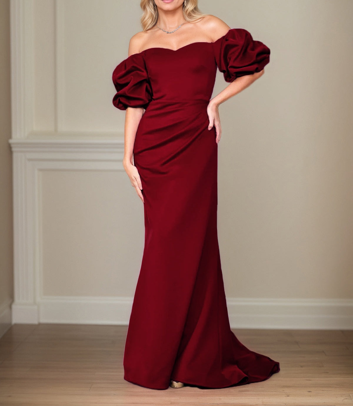 Satin Sheath/Column Off The Shoulder Puff Sleeves Floor Length Mother of the Bride Dresses