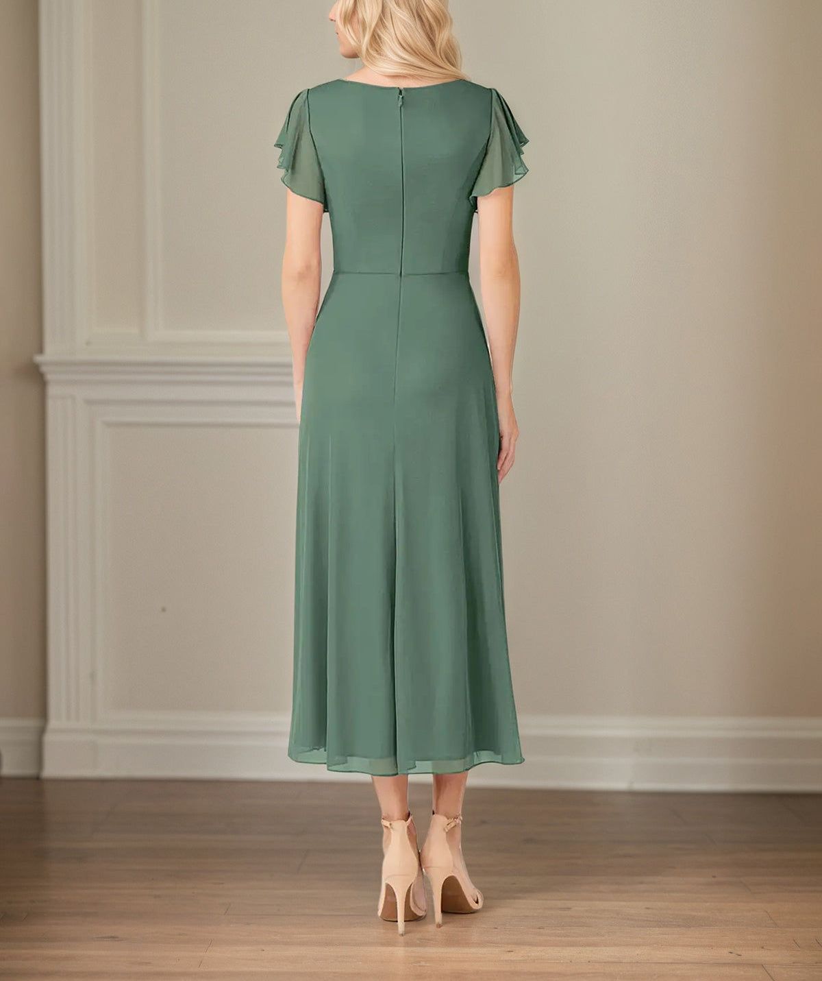 Green A Line Chiffon V Neck Short Sleeves Tea Length Mother of the Bride Dresses