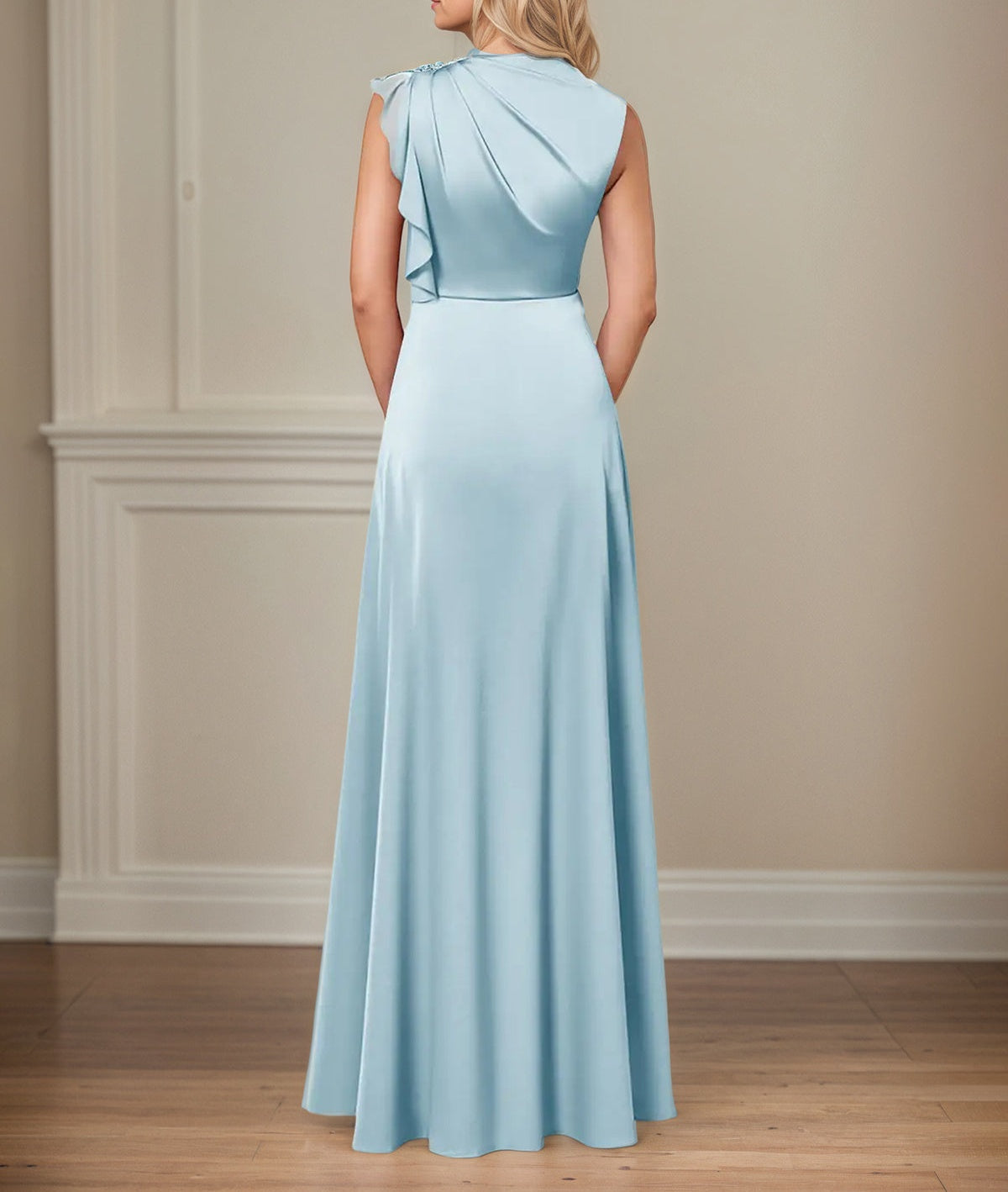 Sky Blue A Line Satin High Neckline Sleeveless Floor Length Mother of the Bride Dresses