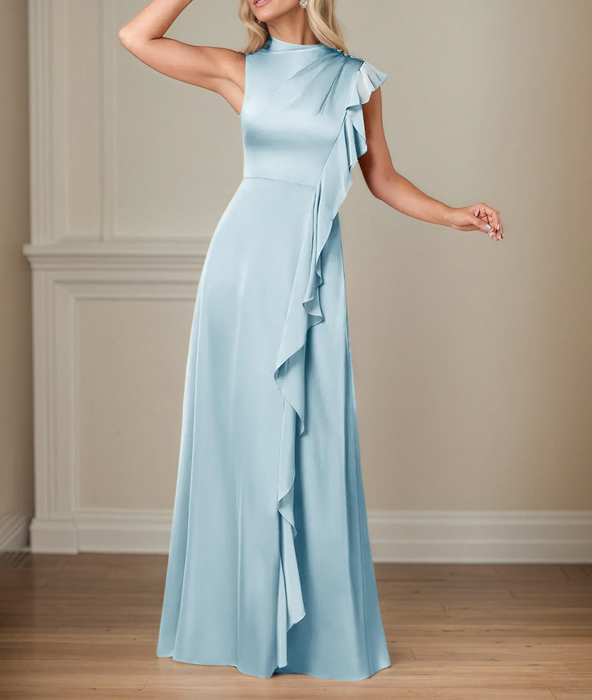 Sky Blue A Line Satin High Neckline Sleeveless Floor Length Mother of the Bride Dresses