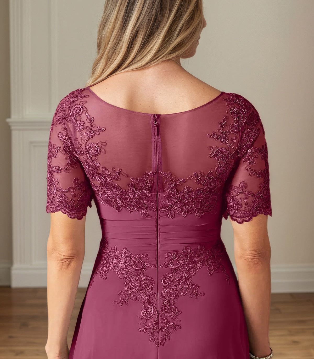 A Line Chiffon Scoop Neck Short Sleeves Floor Length Mother of the Bride Dresses With Appliques