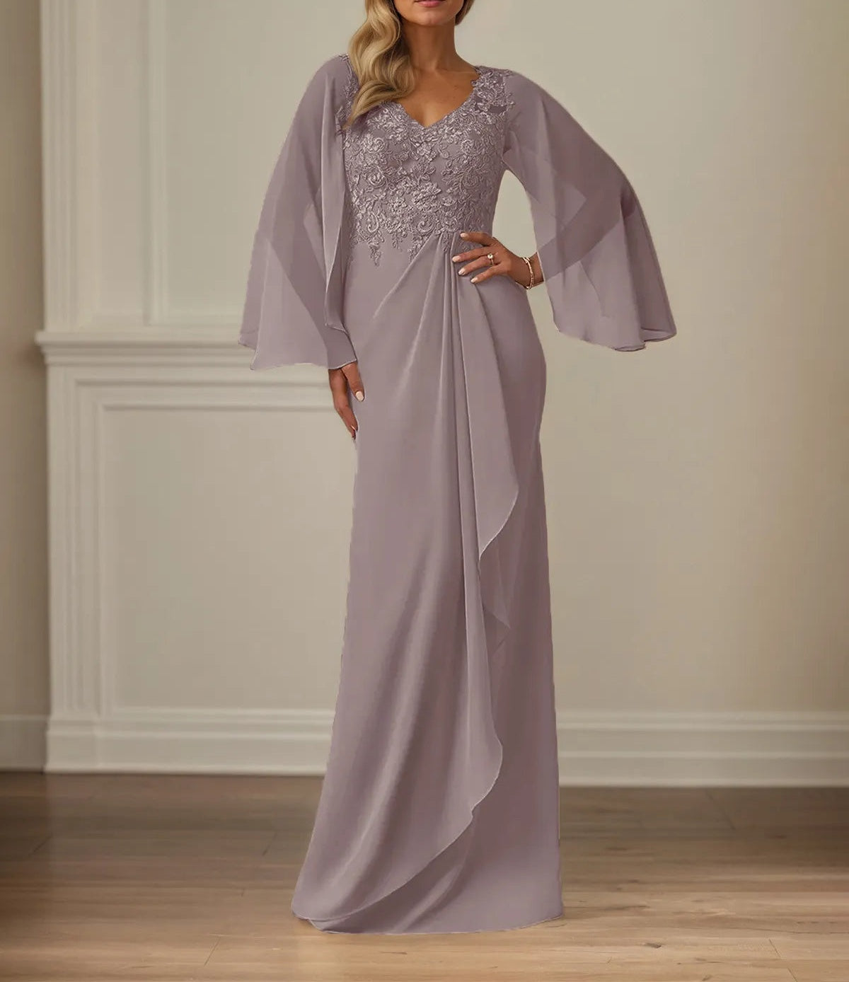 Sheath/Column Chiffon V Neck Long Sleeves Floor Length Mother of the Bride Dresses With Appliques