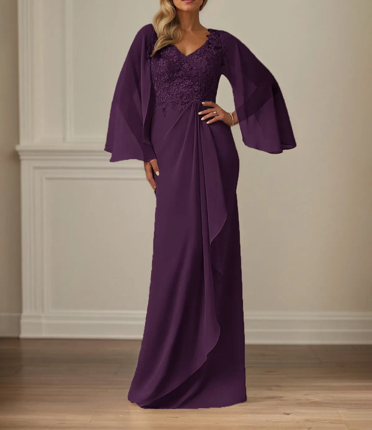 Sheath/Column Chiffon V Neck Long Sleeves Floor Length Mother of the Bride Dresses With Appliques