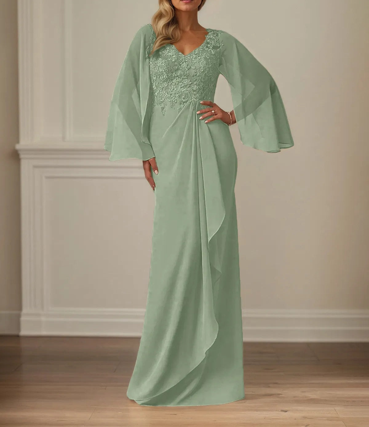 Sheath/Column Chiffon V Neck Long Sleeves Floor Length Mother of the Bride Dresses With Appliques