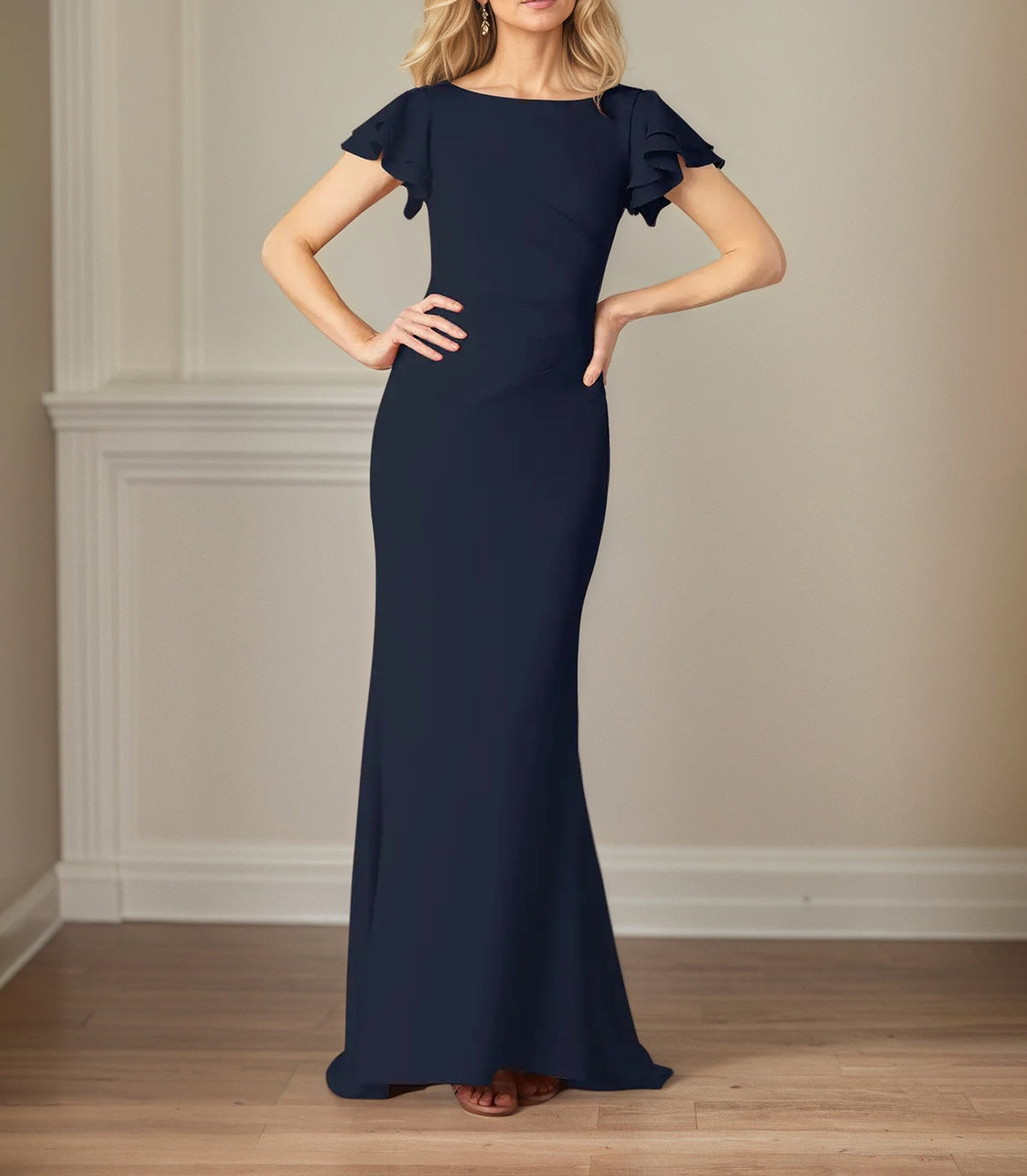 Sheath/Column Chiffon Scoop Neck Short Sleeves Floor Length Mother of the Bride Dresses With Ruffles