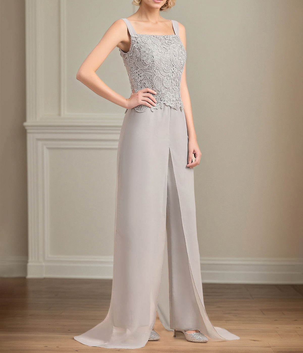 Chiffon Square Neck Sleeveless Floor Length Pleated Mother of the Bride Pantsuits