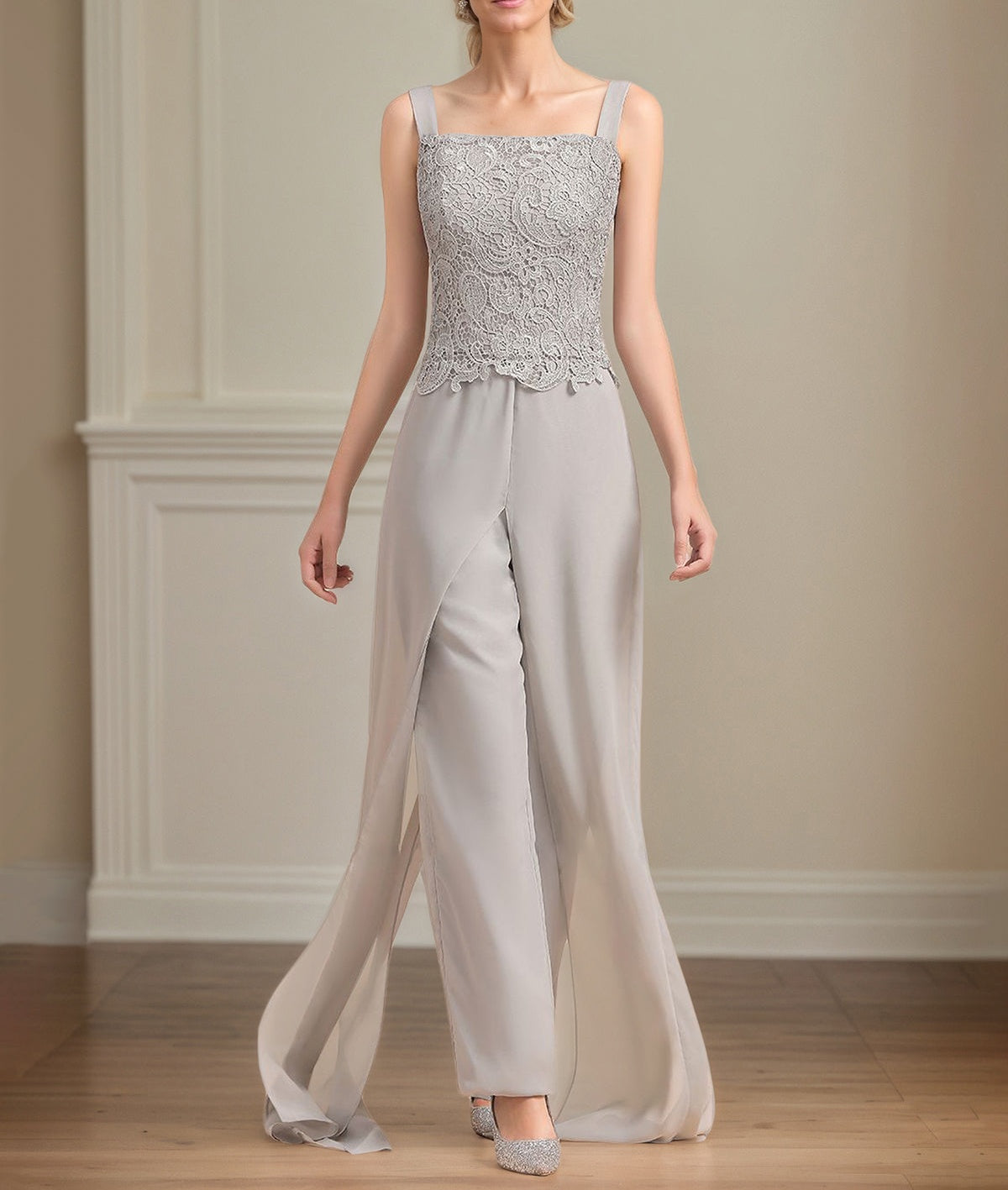 Chiffon Square Neck Sleeveless Floor Length Pleated Mother of the Bride Pantsuits