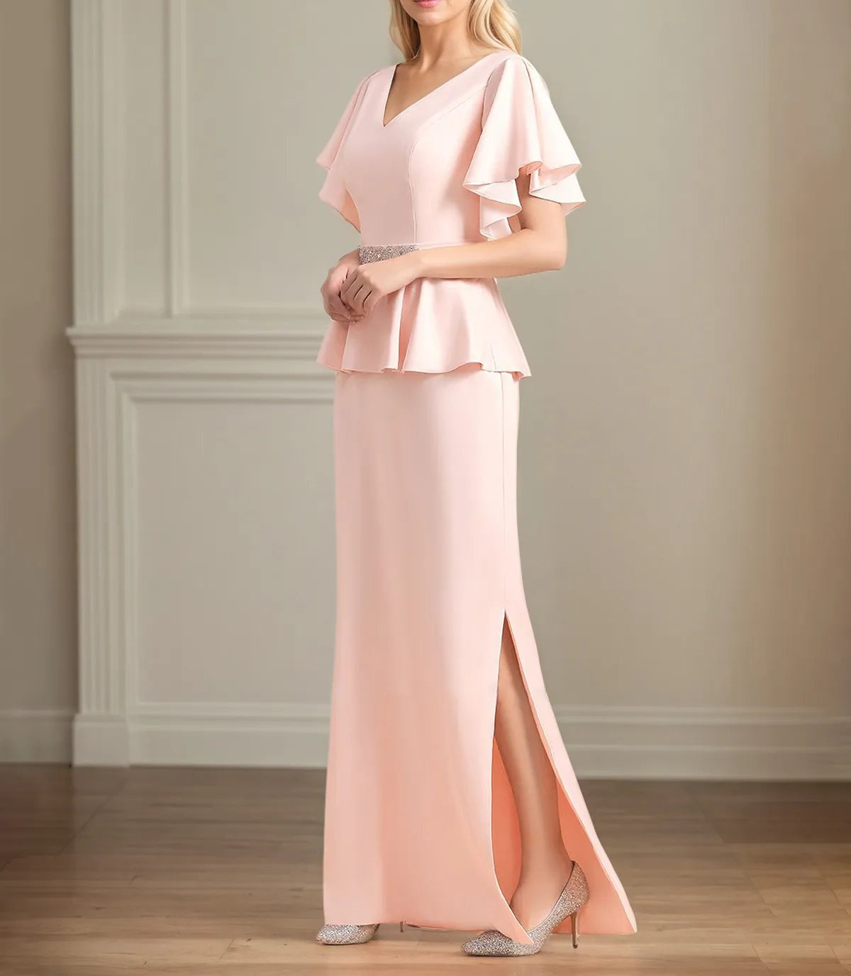 Chiffon V Neck Short Sleeves Floor Length Pleated Mother of the Bride Dresses With Ruffles