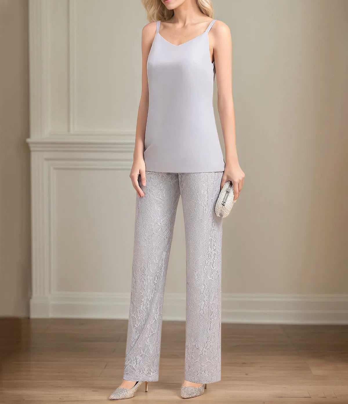 Chiffon V Neck Sleeveless Floor Length Mother of the Bride Pantsuits With Appliques