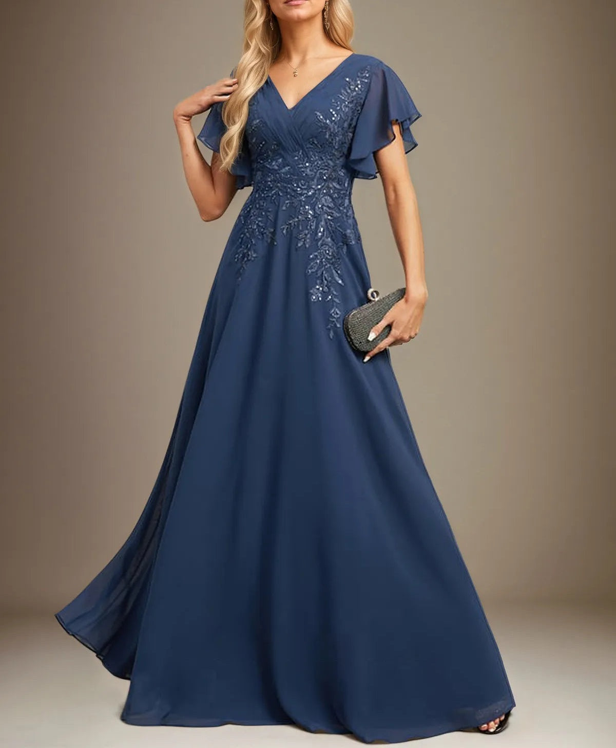 A Line V Neck Floor Length Lace Chiffon Evening Dress With Pleated Sequins