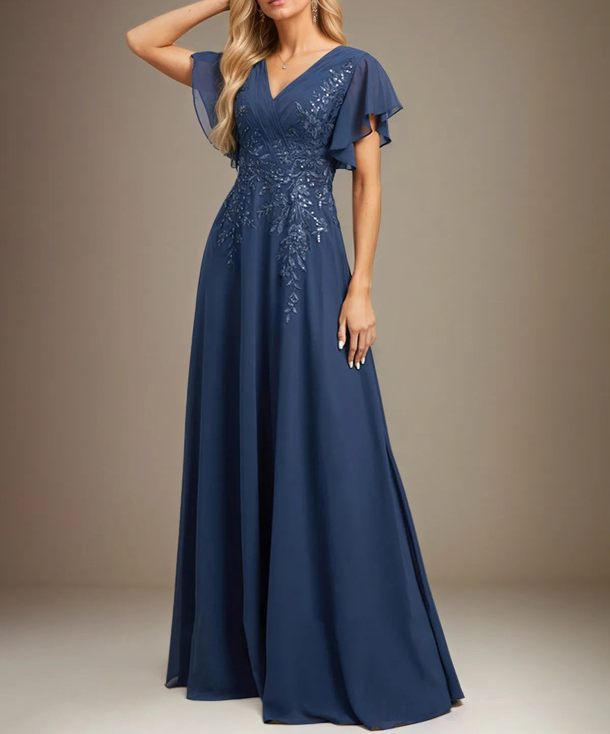 A Line V Neck Floor Length Lace Chiffon Evening Dress With Pleated Sequins