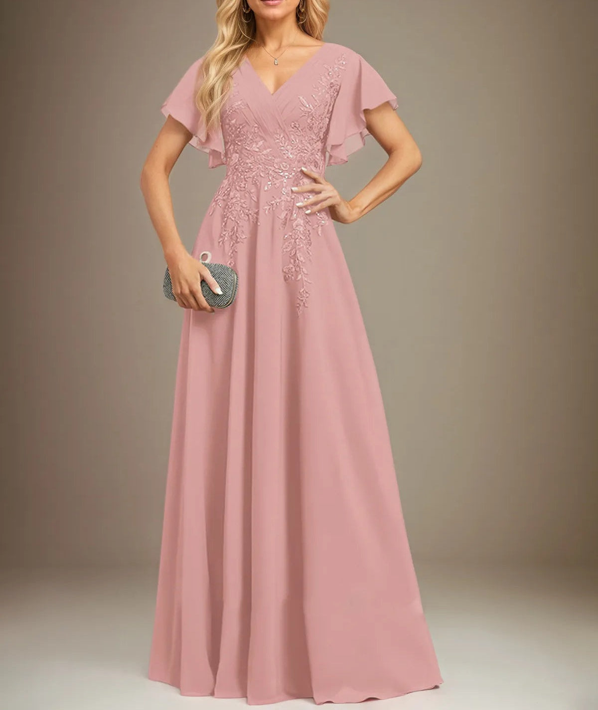 A Line V Neck Floor Length Lace Chiffon Evening Dress With Pleated Sequins
