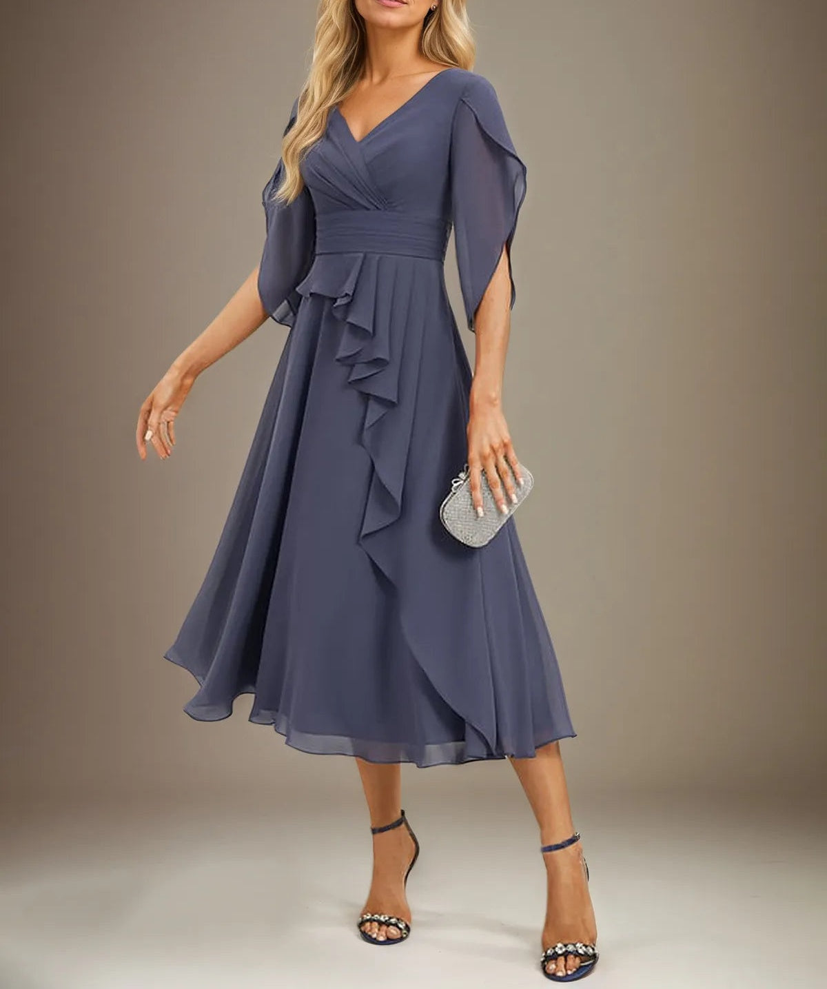 A Line V-Neck Tea-Length Chiffon Mother Of Bride Dresses With Pleated
