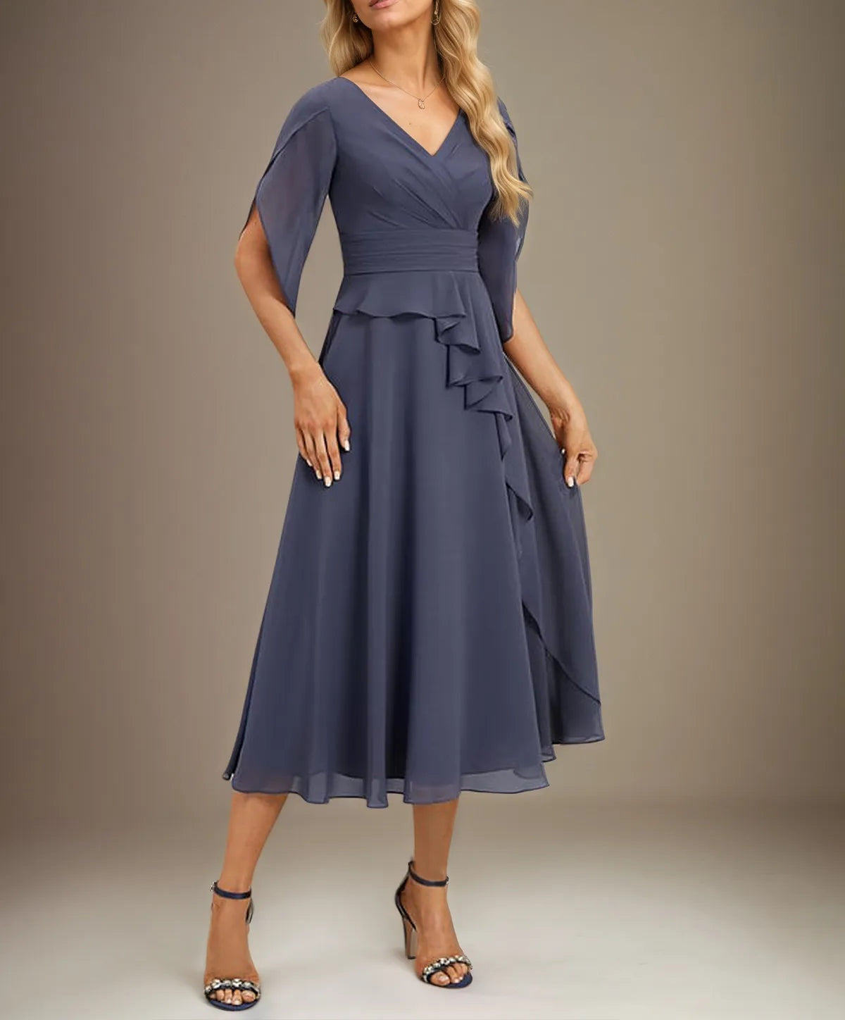 A Line V-Neck Tea-Length Chiffon Mother Of Bride Dresses With Pleated