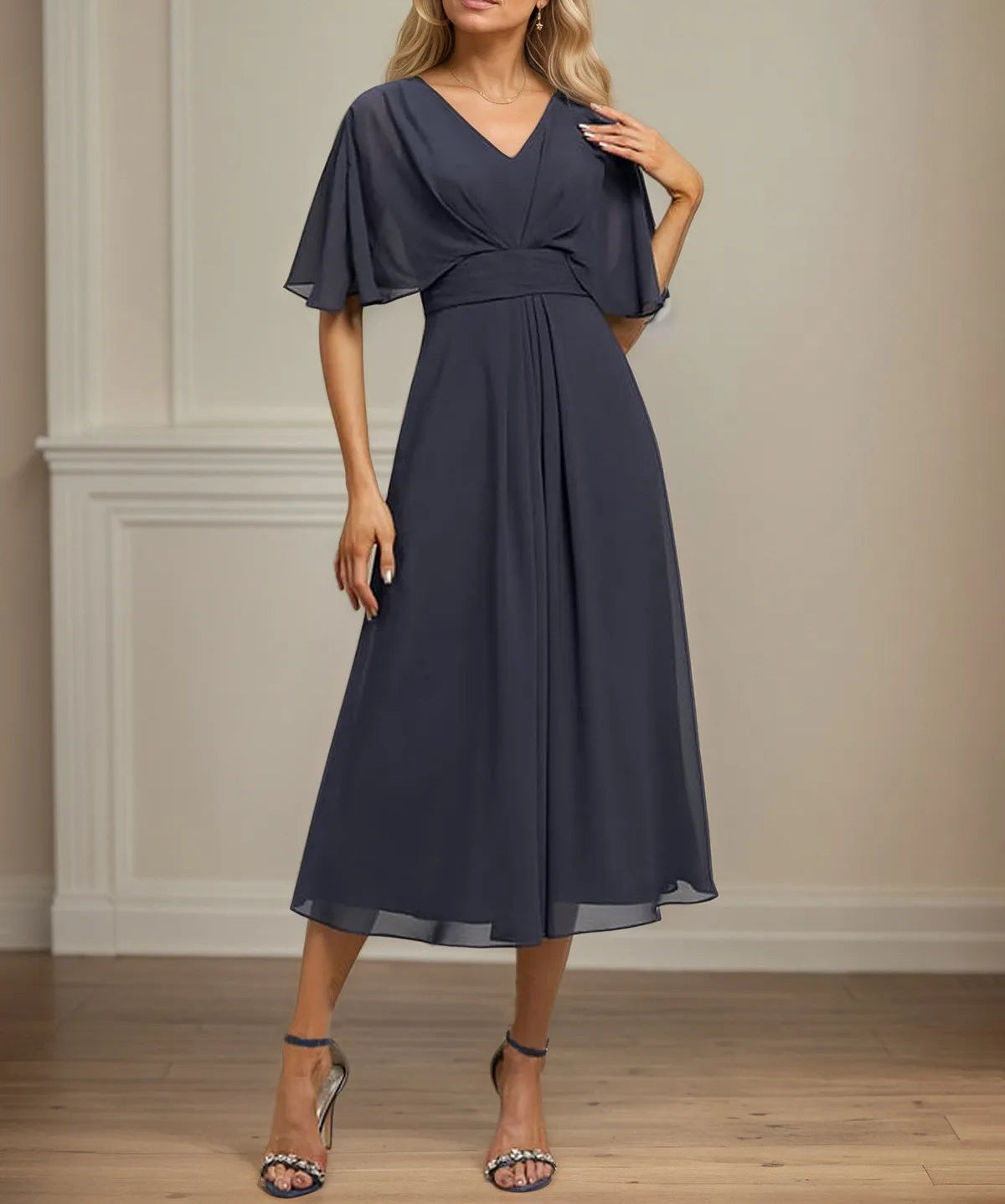 A Line V-Neck Tea-Length Chiffon Dress With Pleated