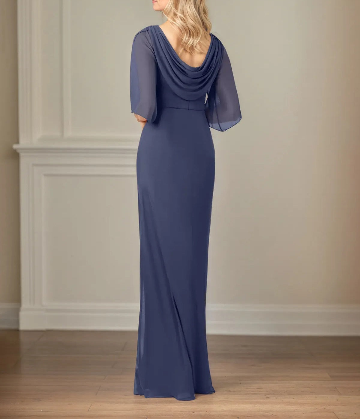 Sheath/Column Boat Neck 1/2 Sleeve Floor Length Chiffon Dress With Beadings