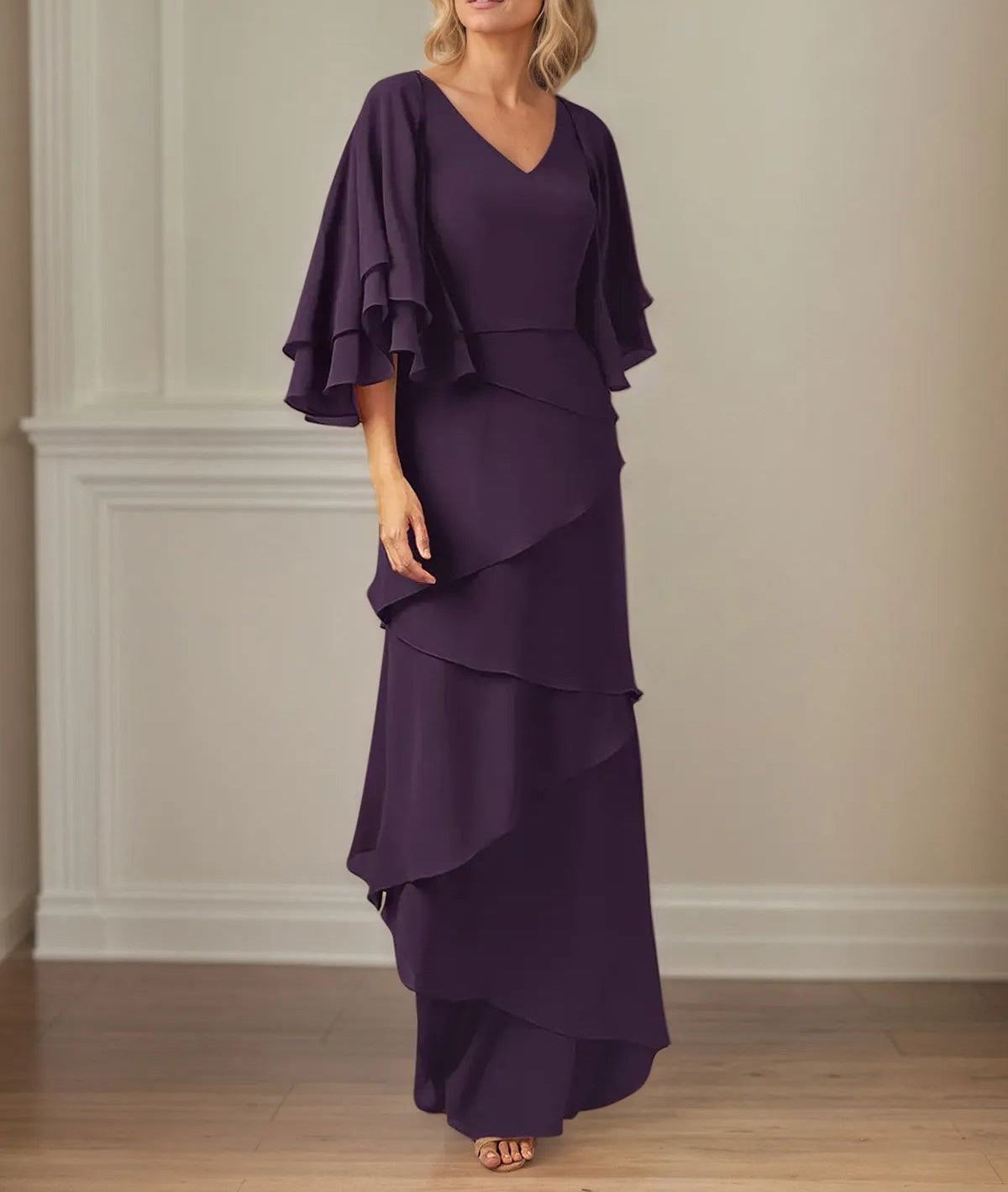 A Line V Neck Flutter Sleeve Floor Length Chiffon Mother of the Bride Dress