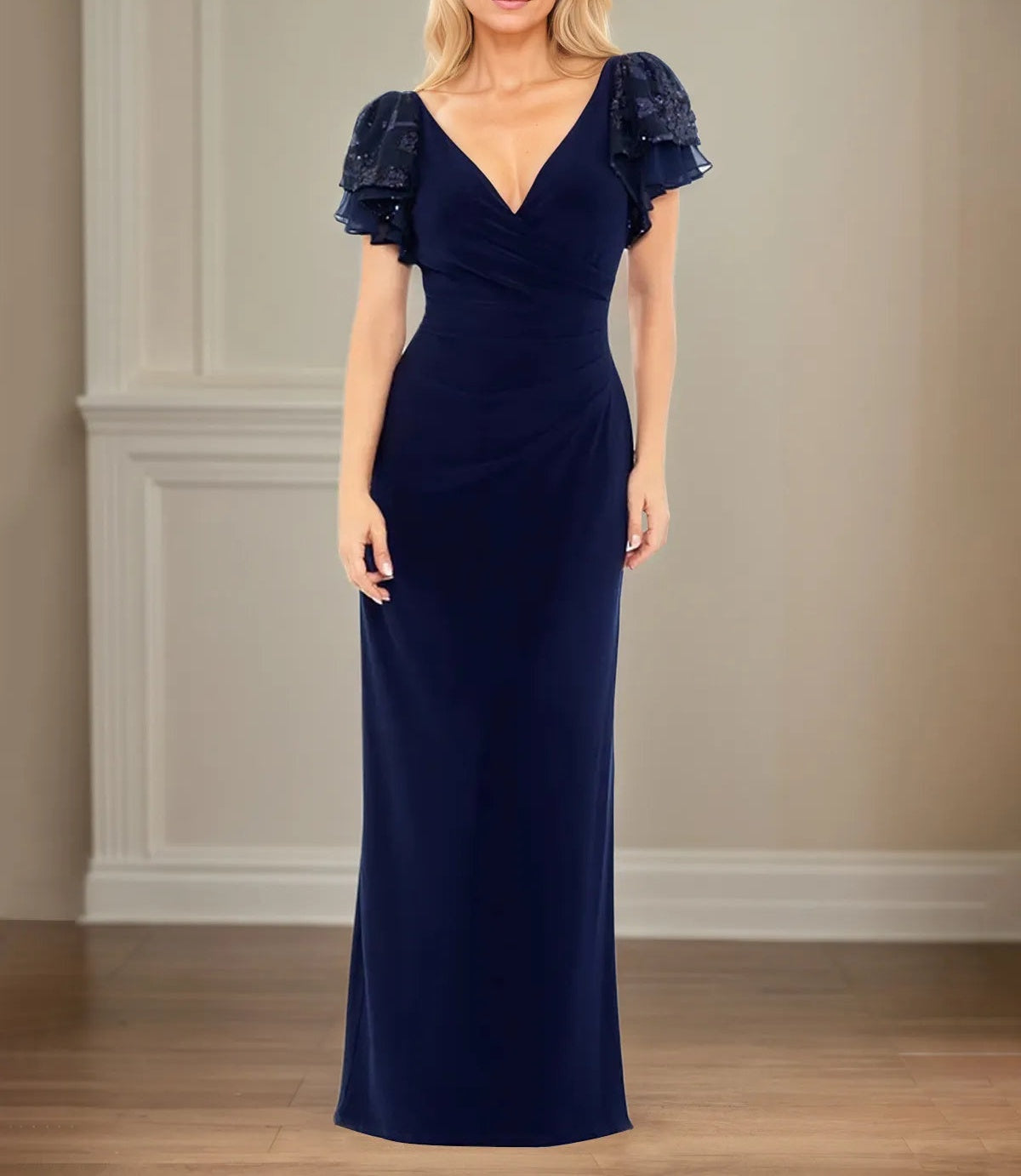 Sheath/Column Stretch Crepe V Neck Short Sleeve Floor Length Dress With Ruffles