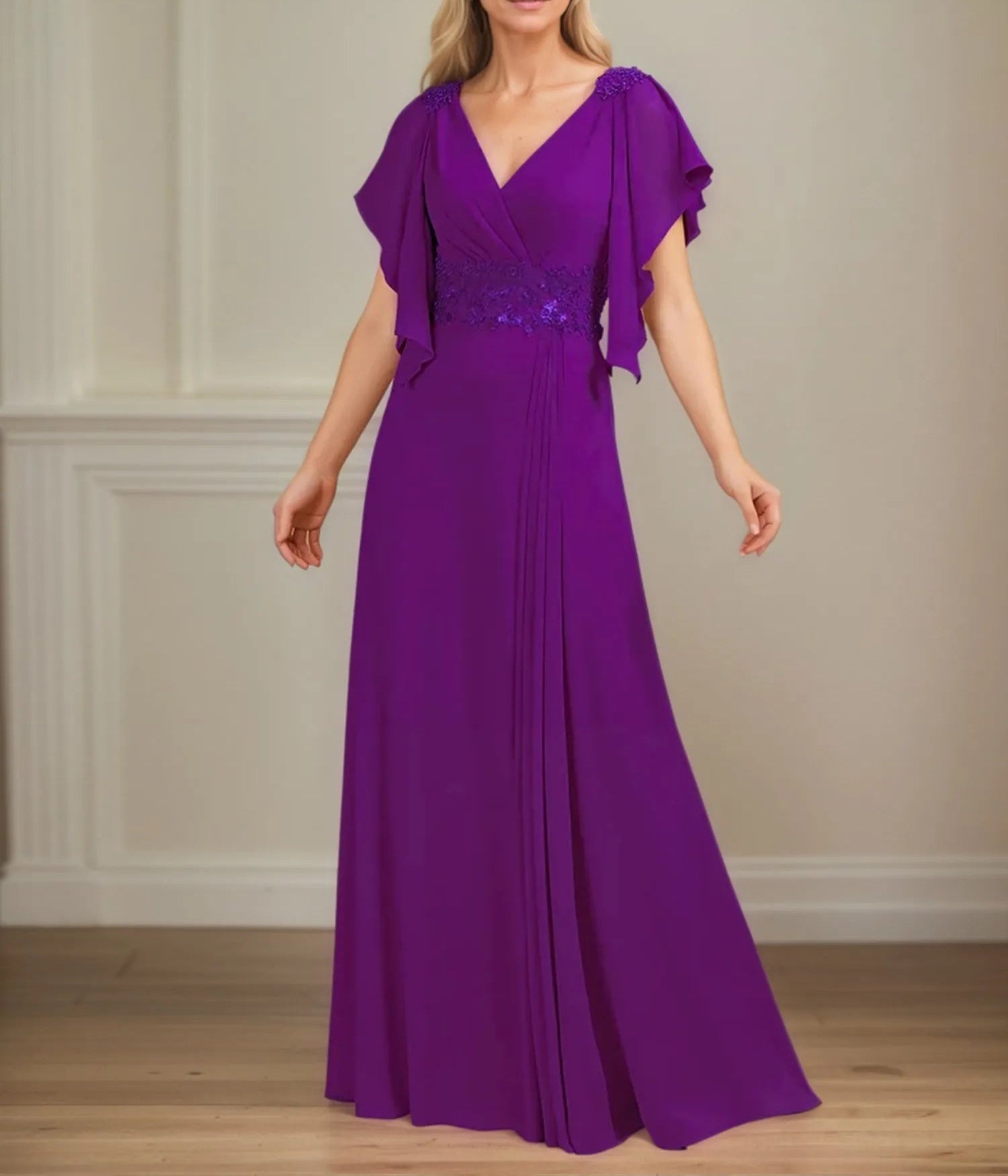 A Line V Neck Appliqued Floor Length Mother of the Bride Dress with Ruffles