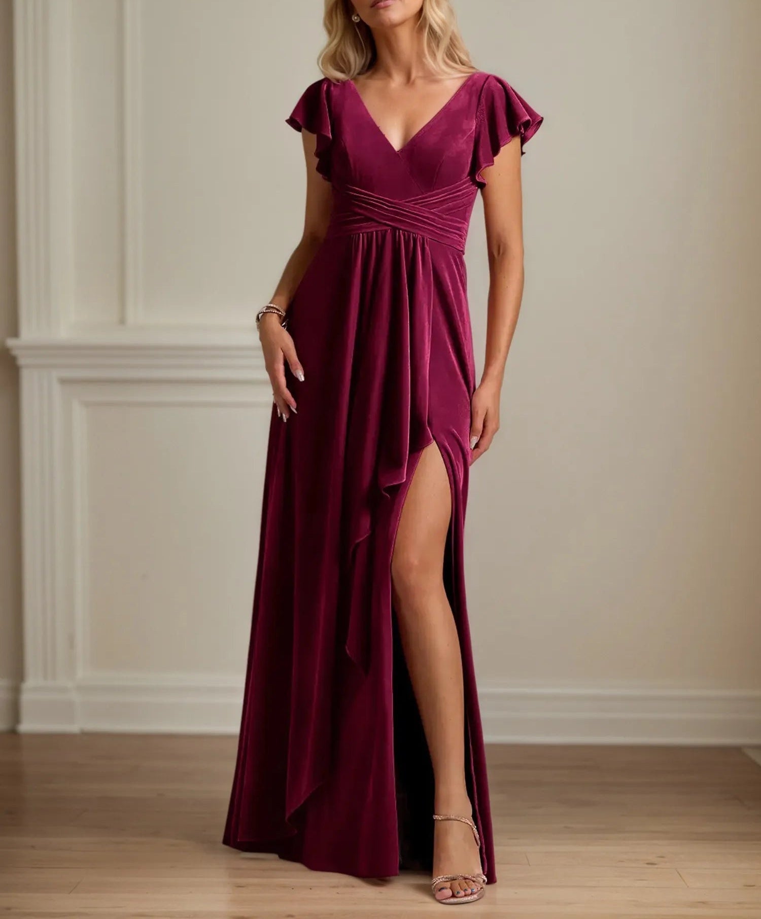 A Line V Neck Short Sleeve Velvet Mother of the Bride Dress With Ruffles