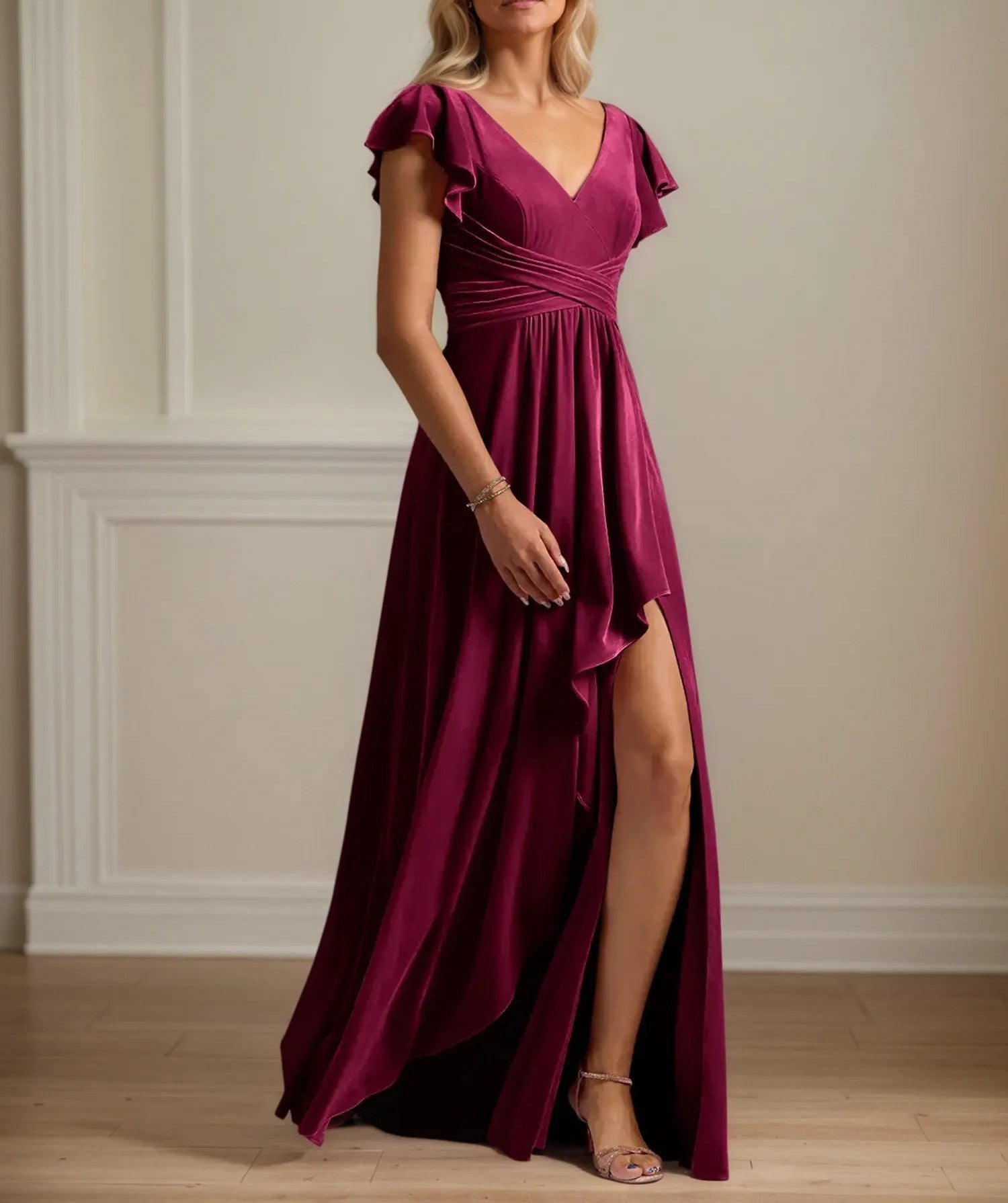 A Line V Neck Short Sleeve Velvet Mother of the Bride Dress With Ruffles