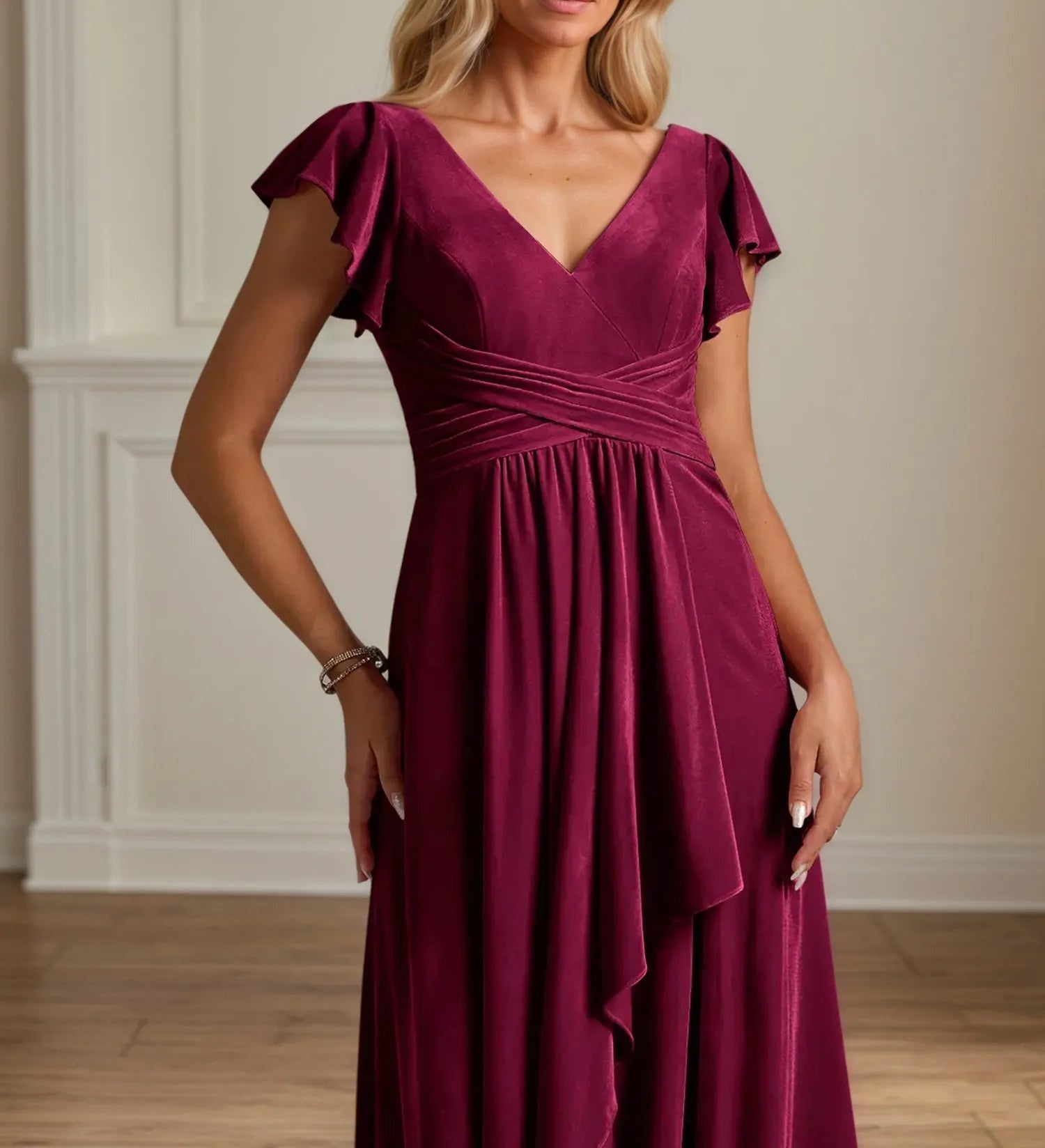 A Line V Neck Short Sleeve Velvet Mother of the Bride Dress With Ruffles