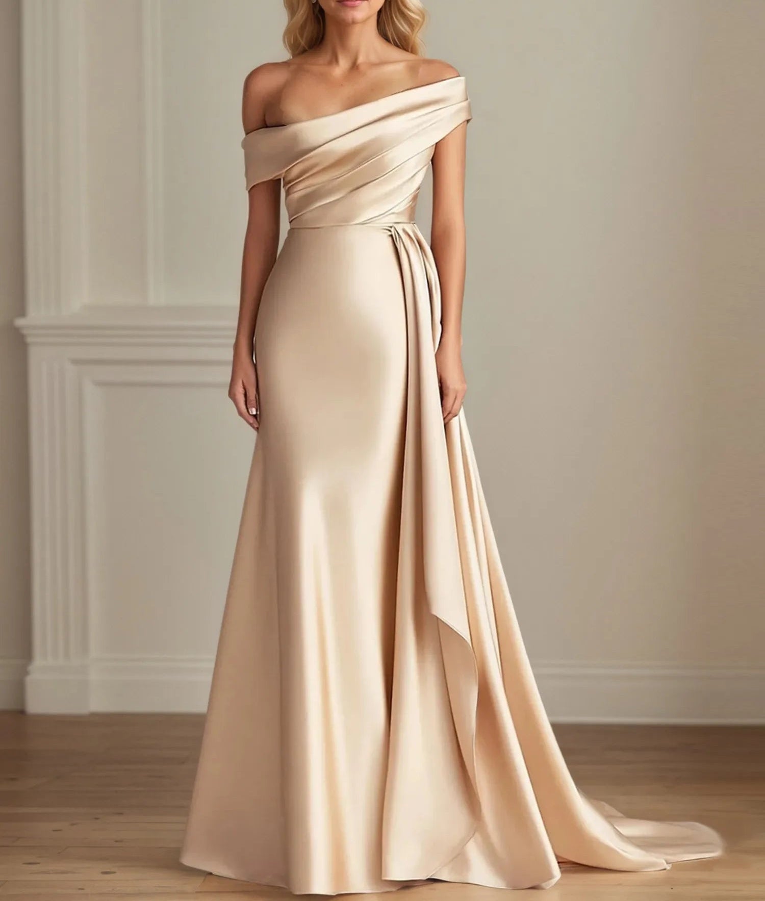 Sheath/Column One Shoulder Floor Length Satin Mother Of the Bride Dress With Ruched