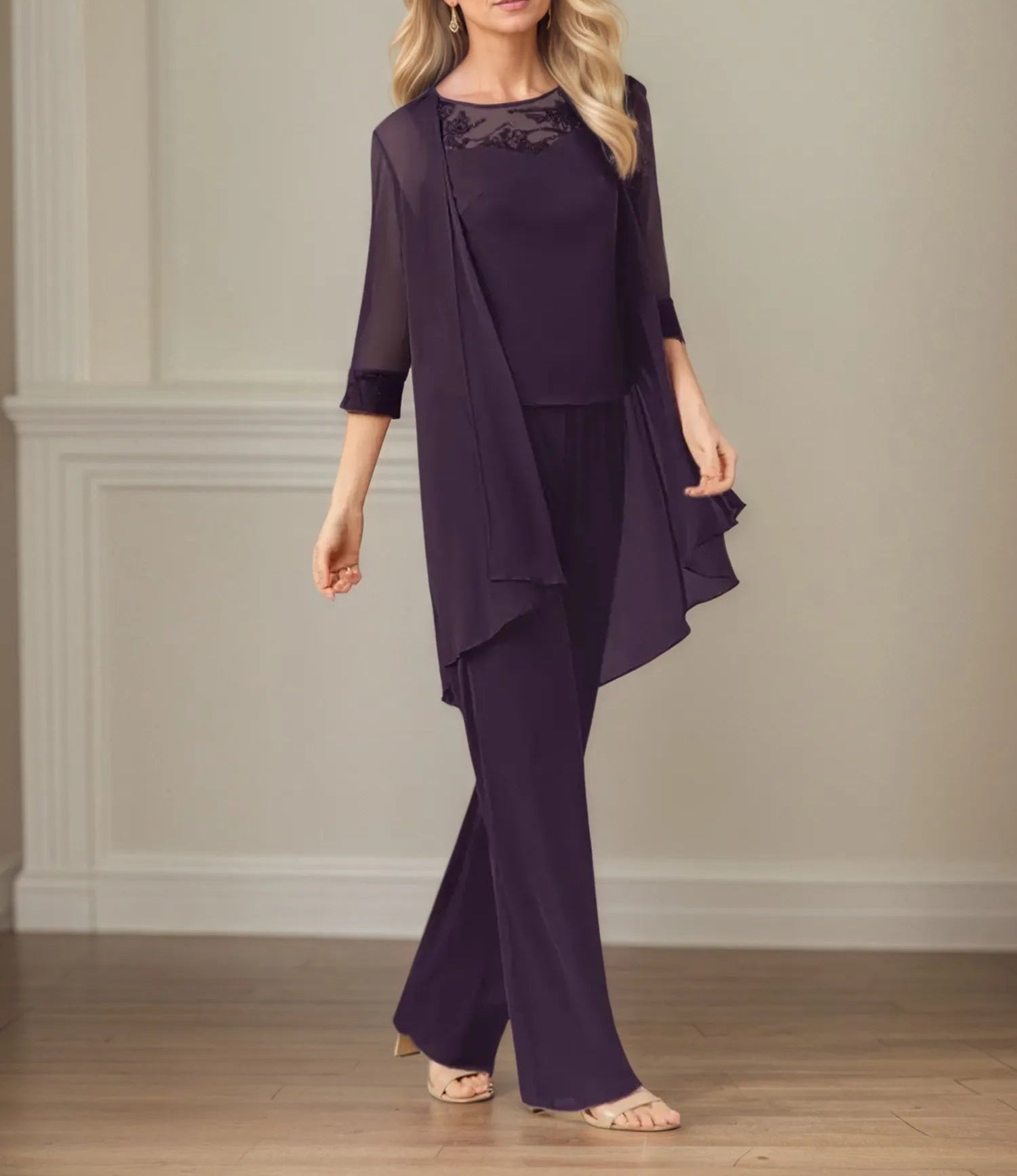 Jumpsuit/Pantsuit Scoop Neck 3/4 Sleeves Chiffon Mother of the Bride Dress