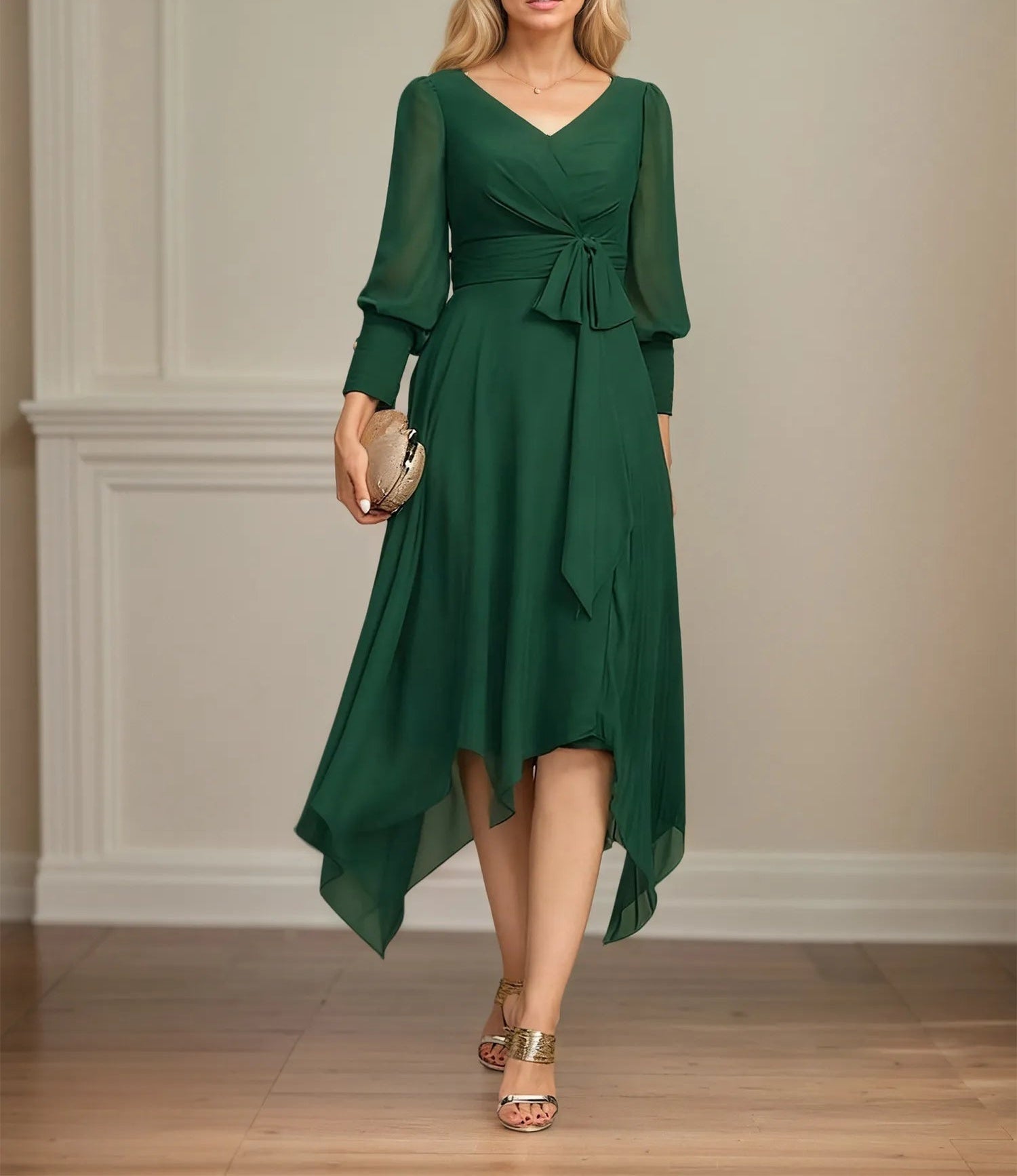 A-line V-Neck Asymmetrical Chiffon Mother of the Bride Dress With Bow Pleated