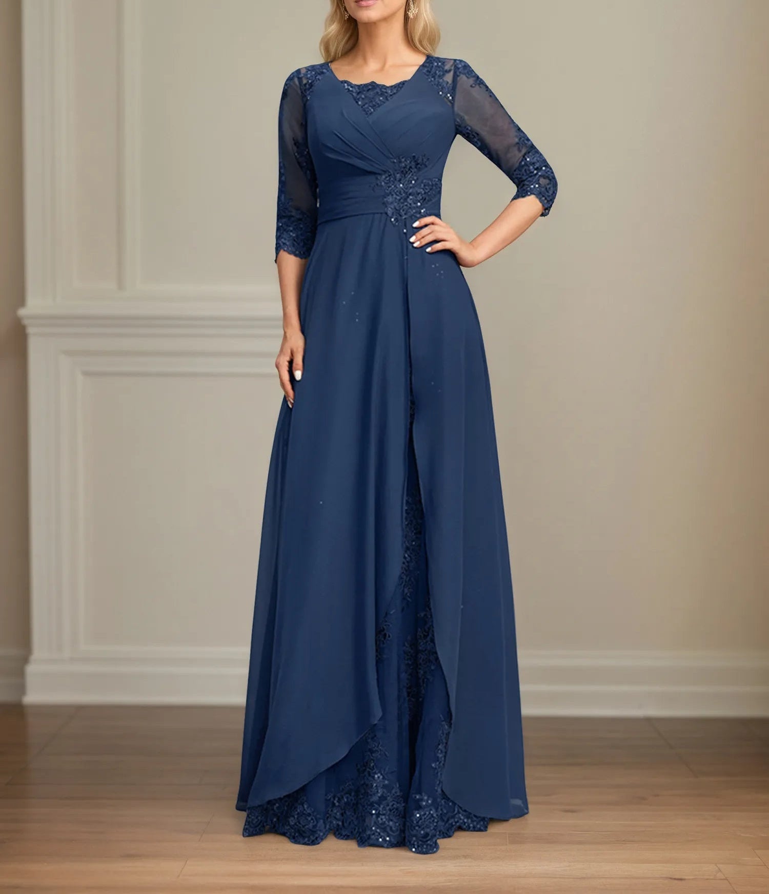 A-line Square Floor-Length Lace Chiffon Mother of the Bride Dress With Pleated Sequins