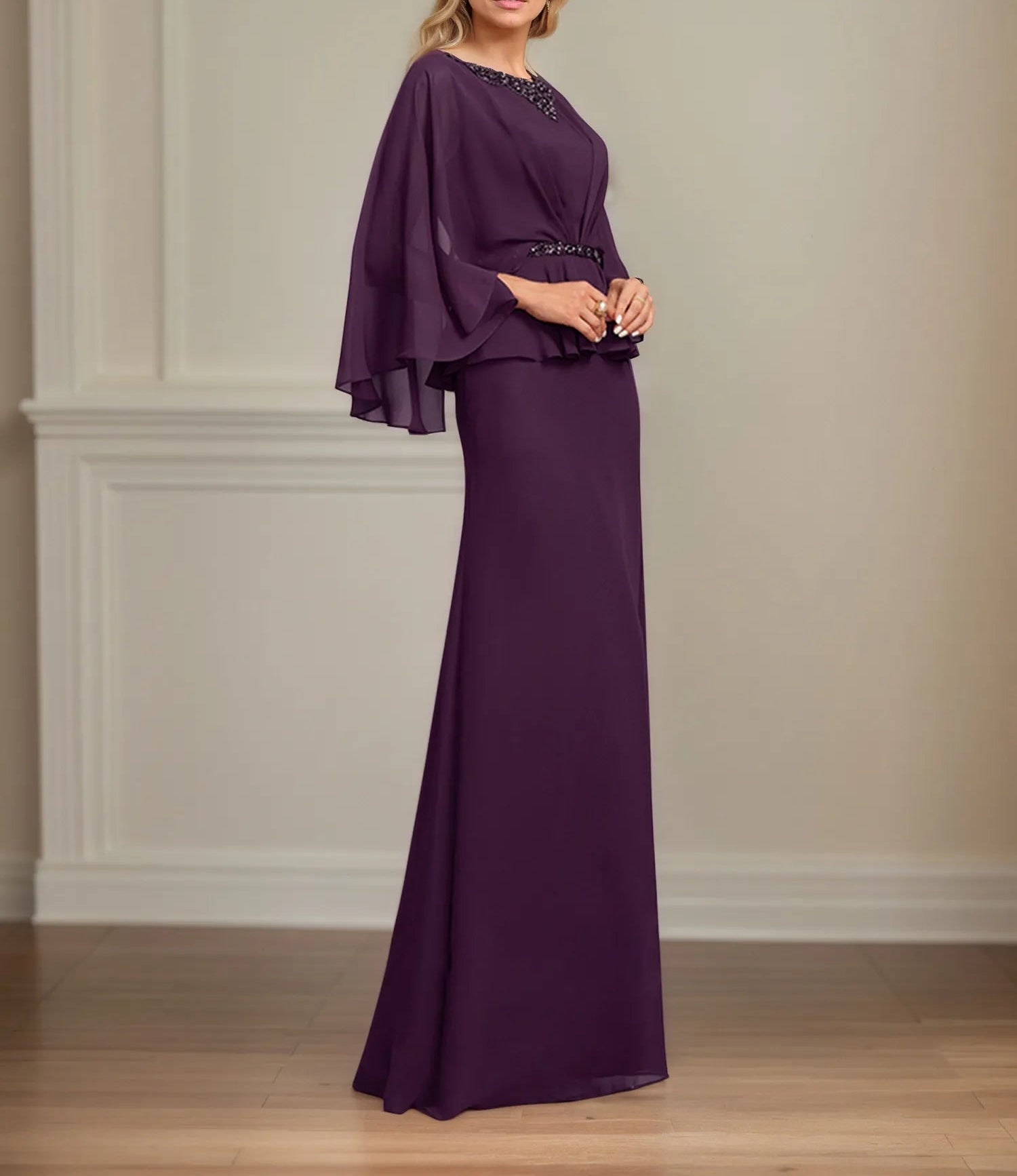 A-line Scoop Floor-Length Chiffon Mother of the Bride Dress With Pleated Sequins Beading