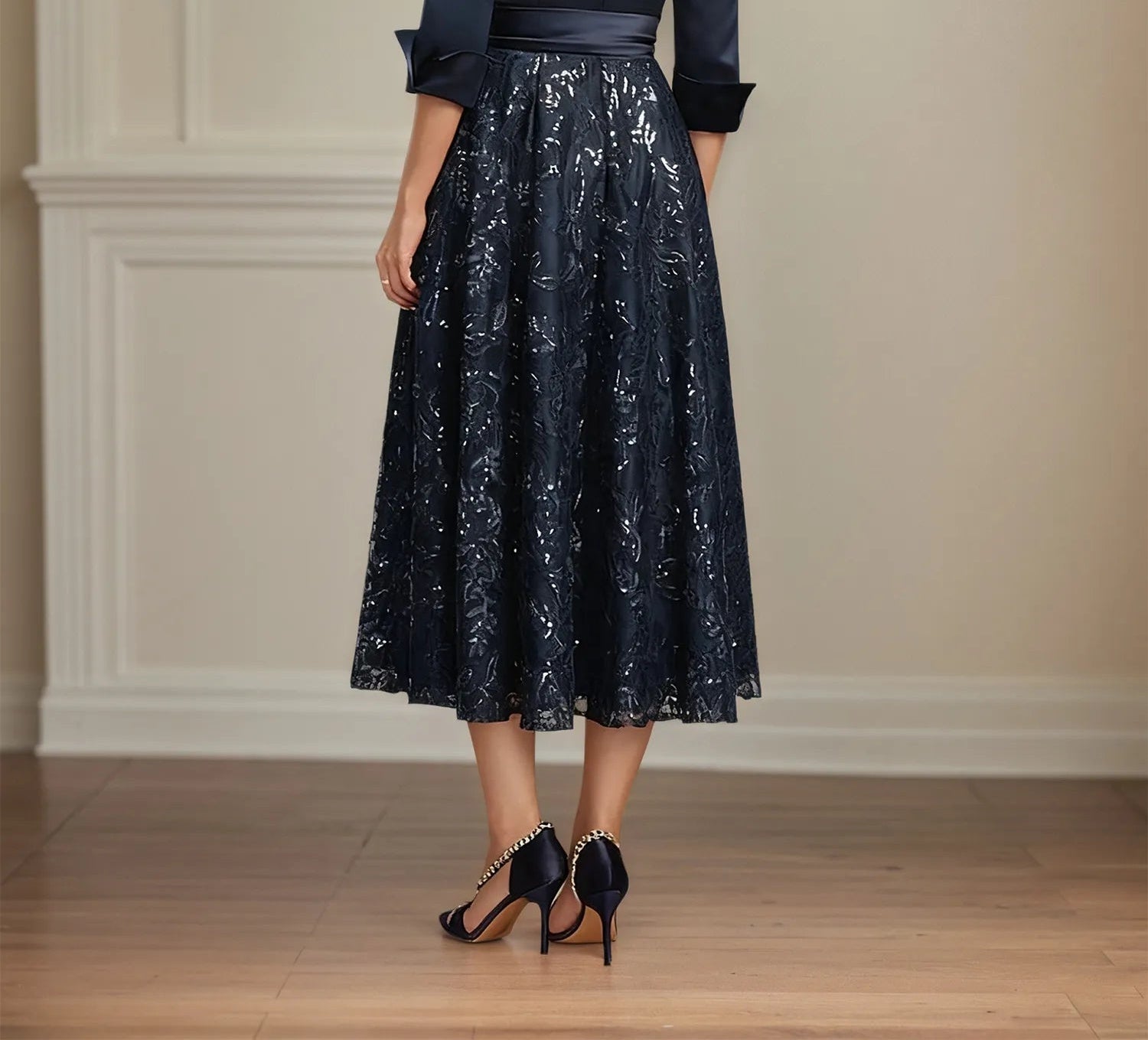 A-line Collared V-Neck Tea-Length Satin Lace Sequin Mother of the Bride Dress With Bow