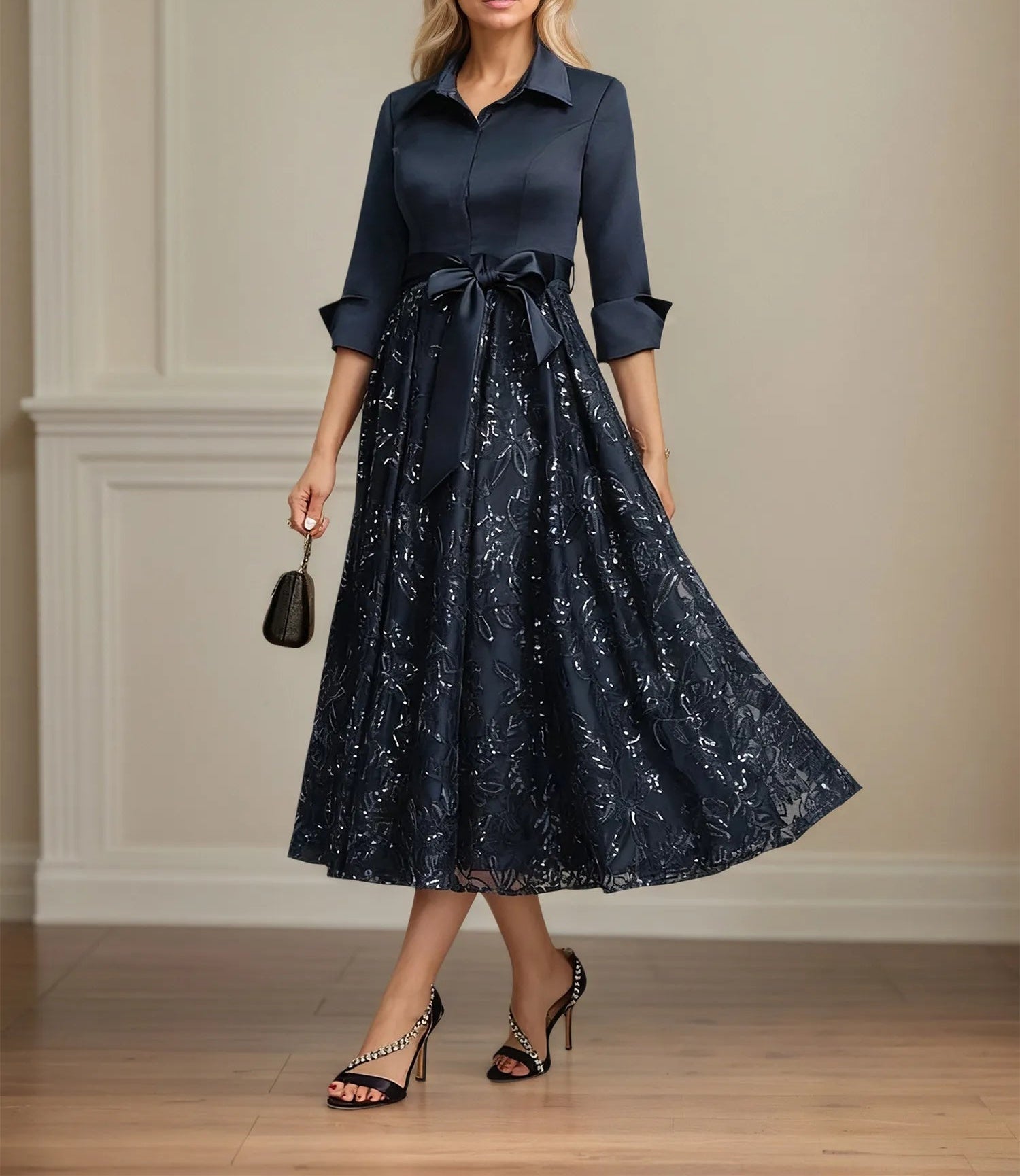 A-line Collared V-Neck Tea-Length Satin Lace Sequin Mother of the Bride Dress With Bow
