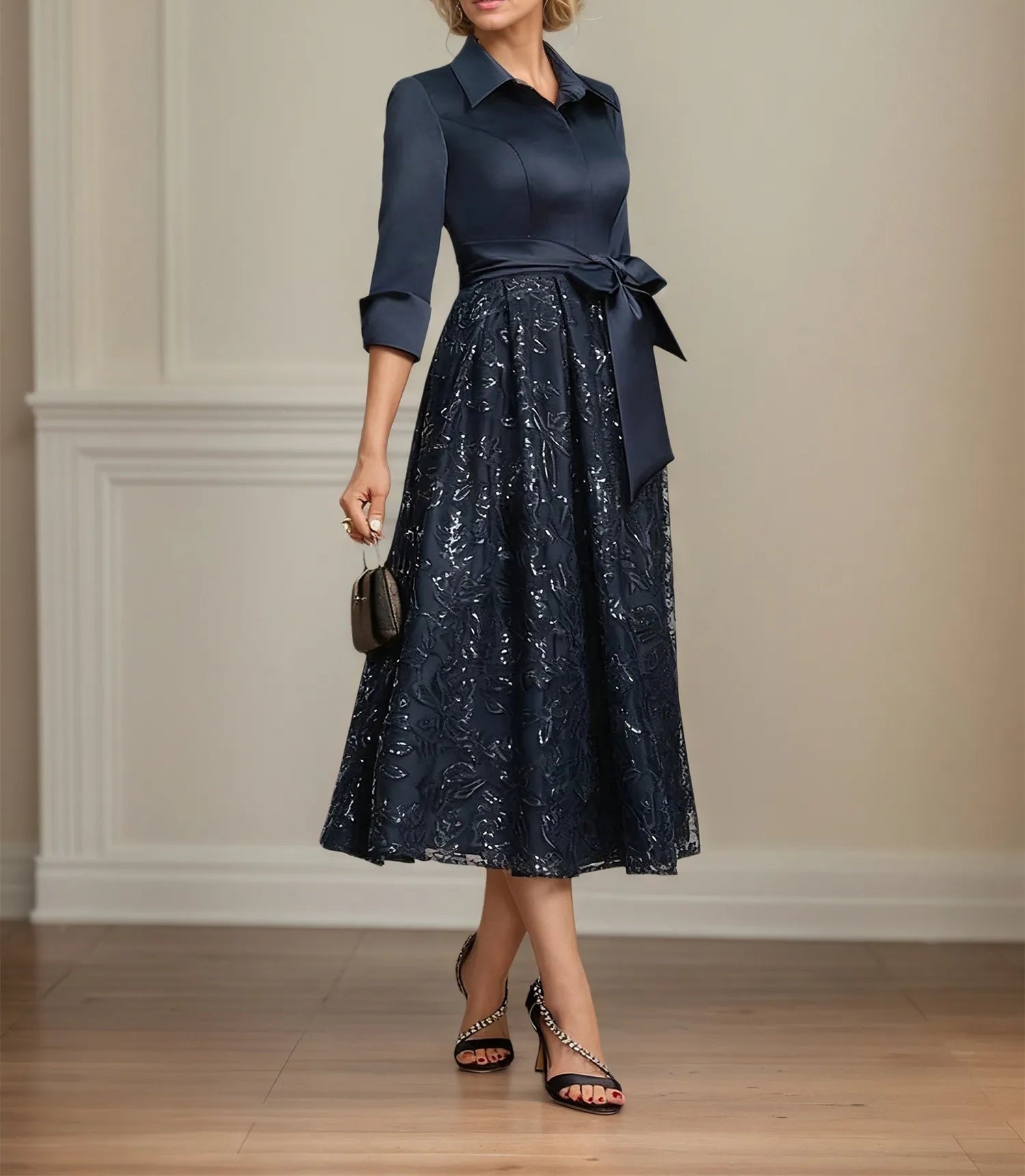 A-line Collared V-Neck Tea-Length Satin Lace Sequin Mother of the Bride Dress With Bow
