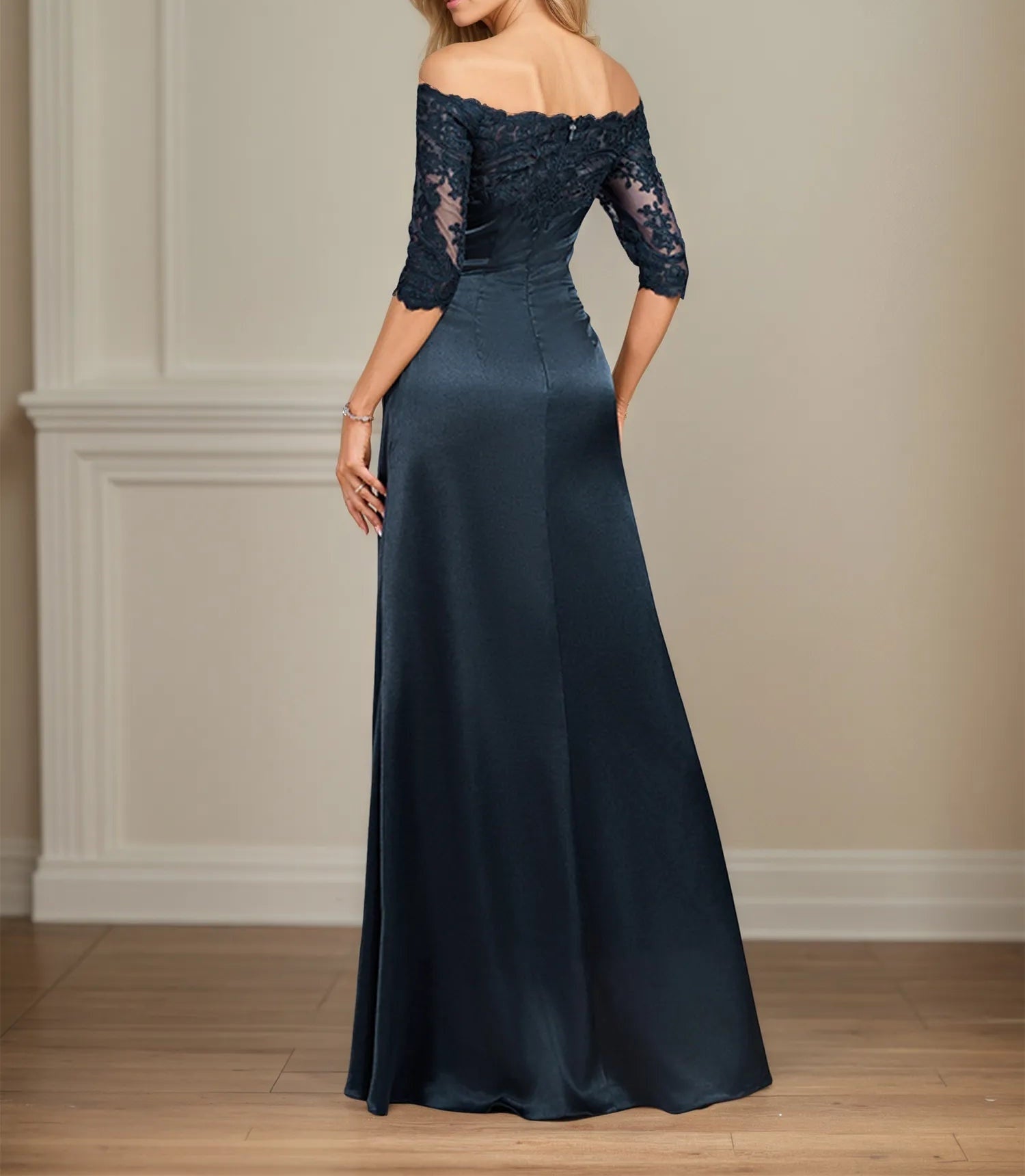 Sheath/Column Off the Shoulder Floor-Length Lace Stretch Satin Evening Dress With Pleated