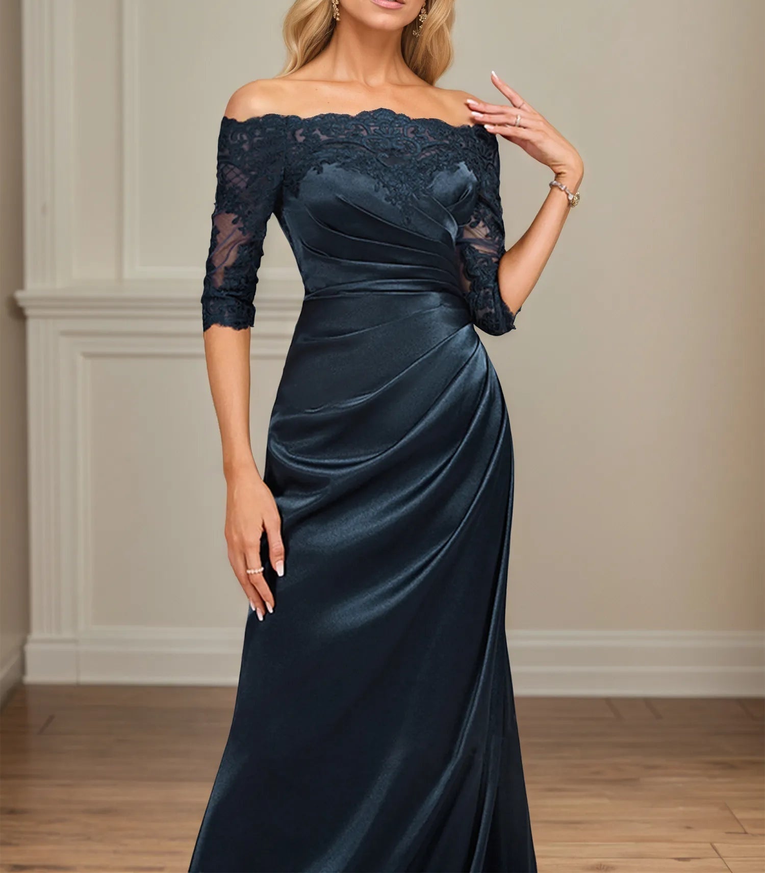 Sheath/Column Off the Shoulder Floor-Length Lace Stretch Satin Evening Dress With Pleated