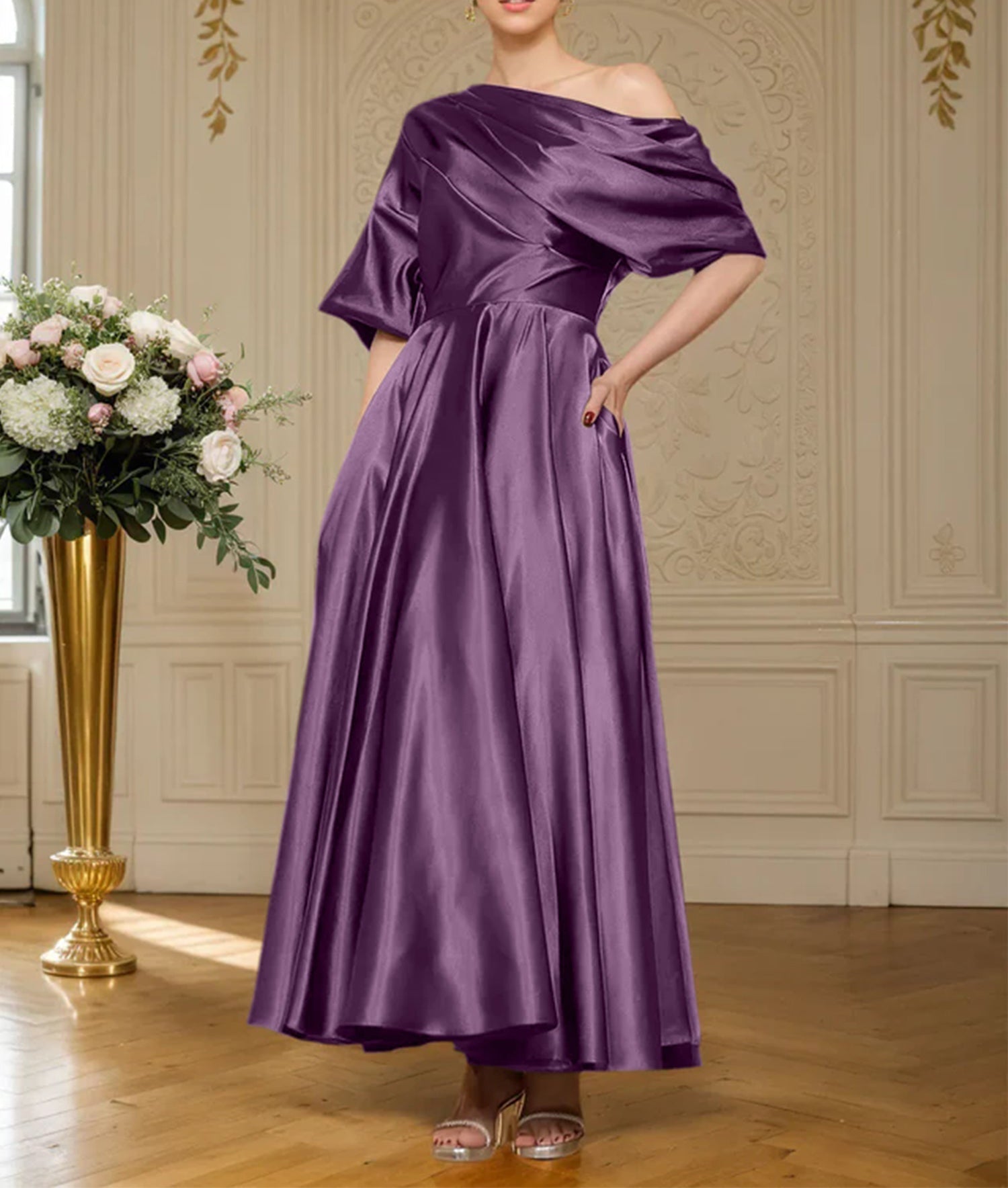 A-line Short Sleeves Pleated Ankle-Length Silk like Satin Mother of the Bride Dress