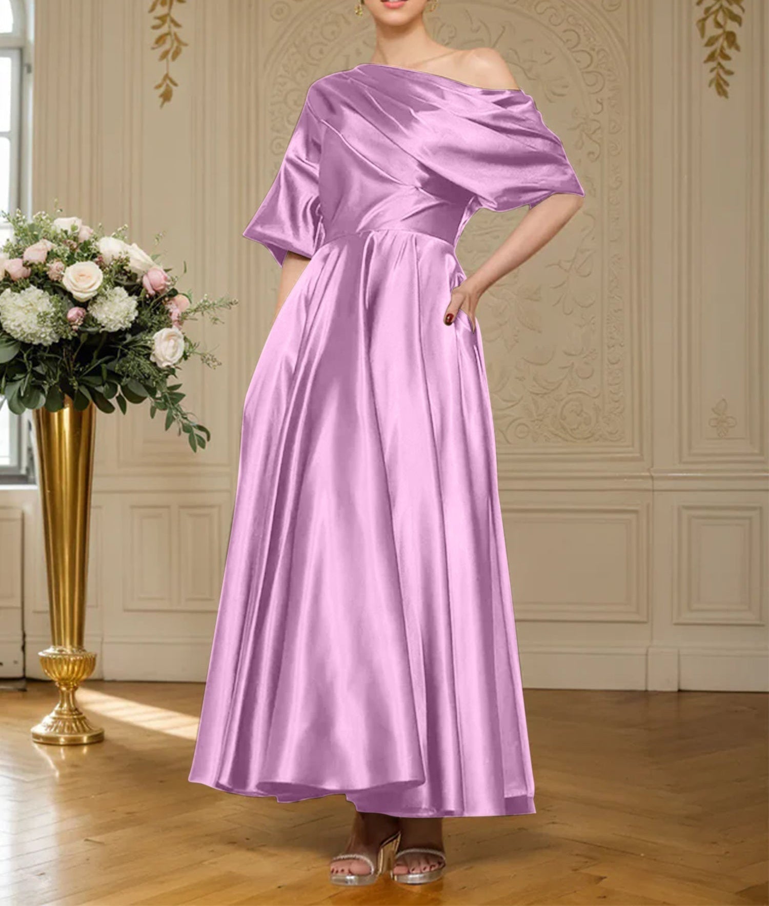 A-line Short Sleeves Pleated Ankle-Length Silk like Satin Mother of the Bride Dress