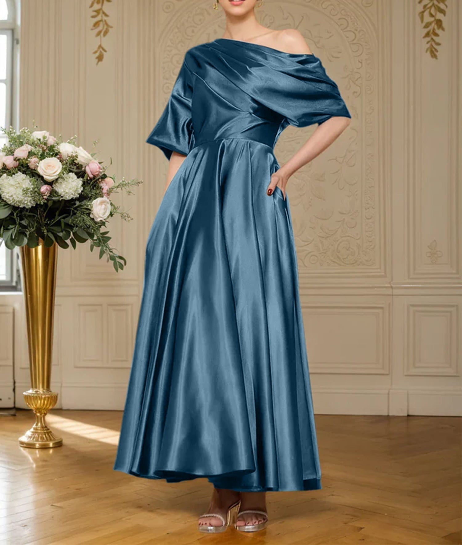 A-line Short Sleeves Pleated Ankle-Length Silk like Satin Mother of the Bride Dress