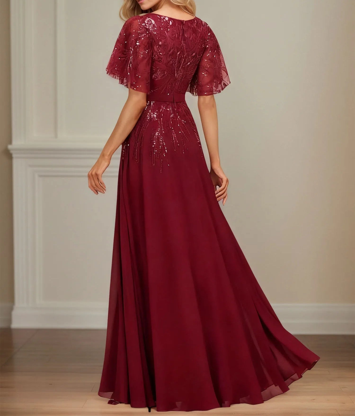 A-line V-Neck Floor-Length Lace Chiffon Evening Dress With Sequins