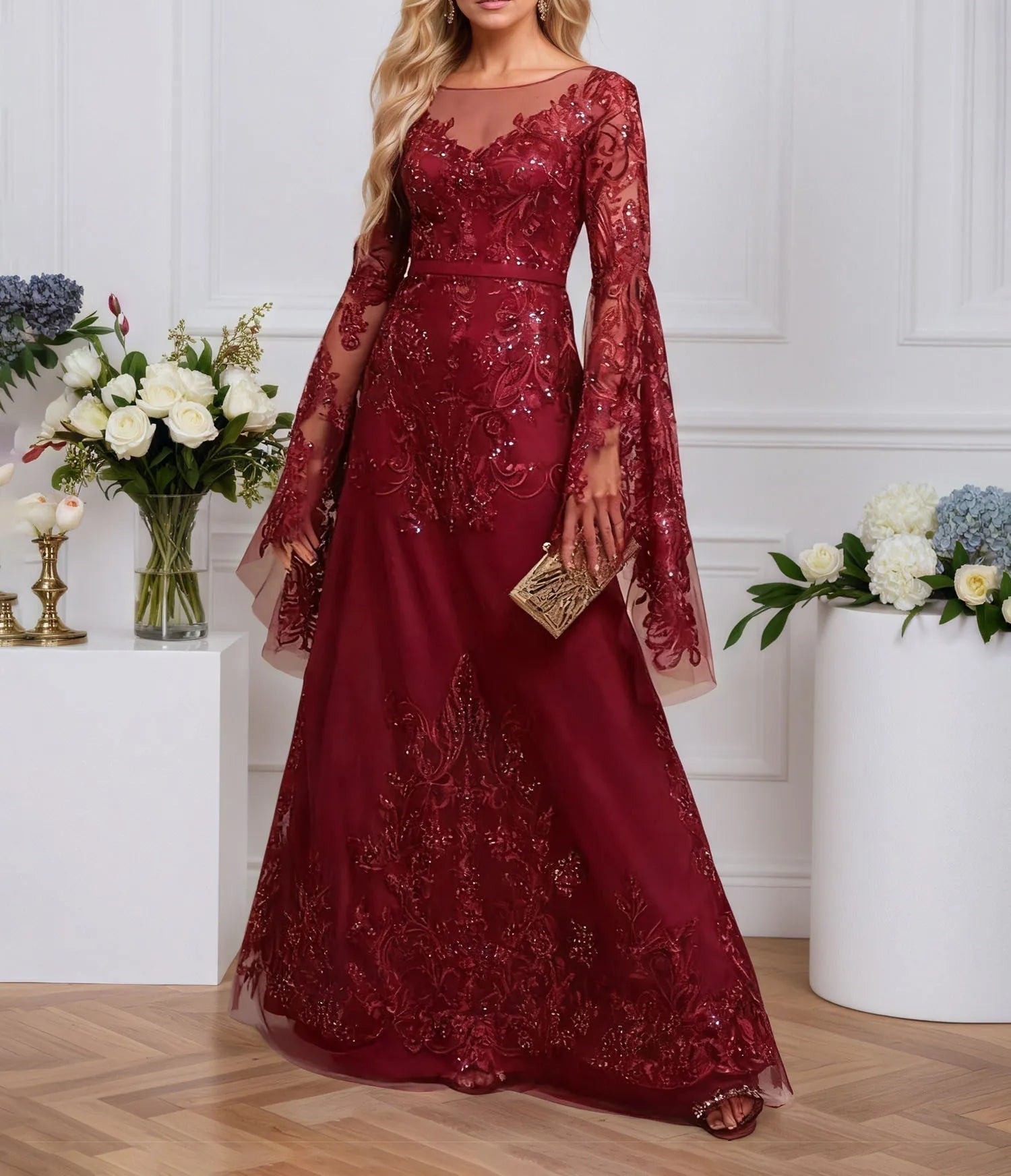A-line Scoop Illusion Floor-Length Tulle Lace Evening Dress With Sequins