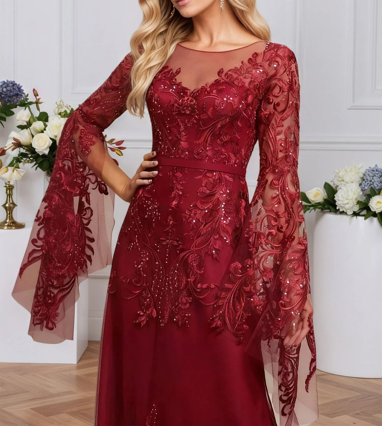 A-line Scoop Illusion Floor-Length Tulle Lace Evening Dress With Sequins