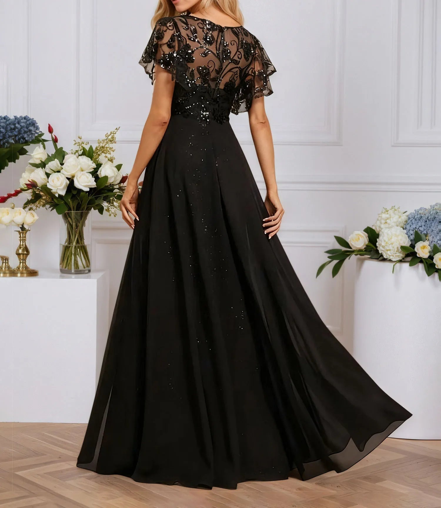 Sheath/Column Illusion V-Neck Floor-Length Sequin Chiffon Lace Evening Dress With Overskirt
