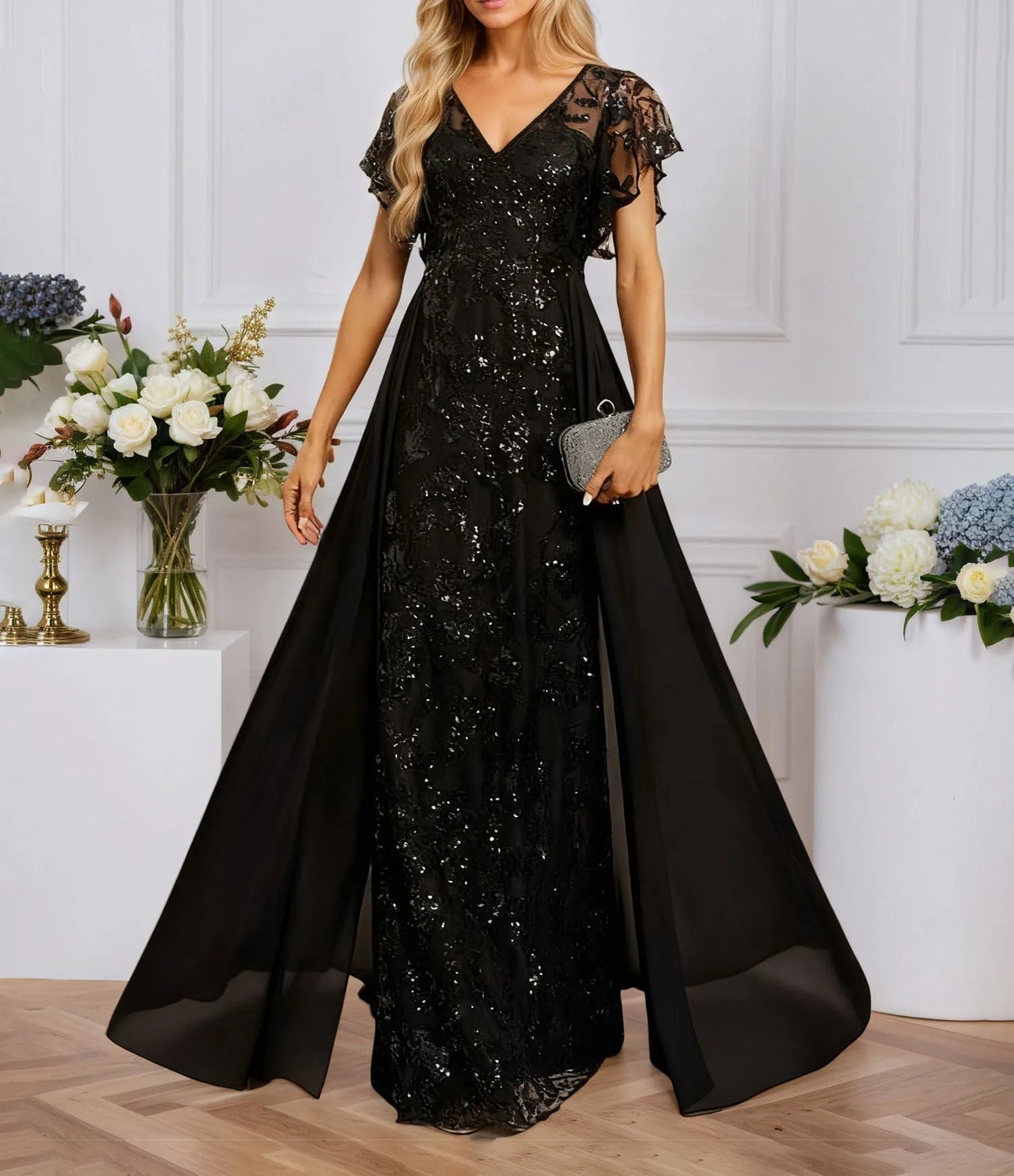Sheath/Column Illusion V-Neck Floor-Length Sequin Chiffon Lace Evening Dress With Overskirt