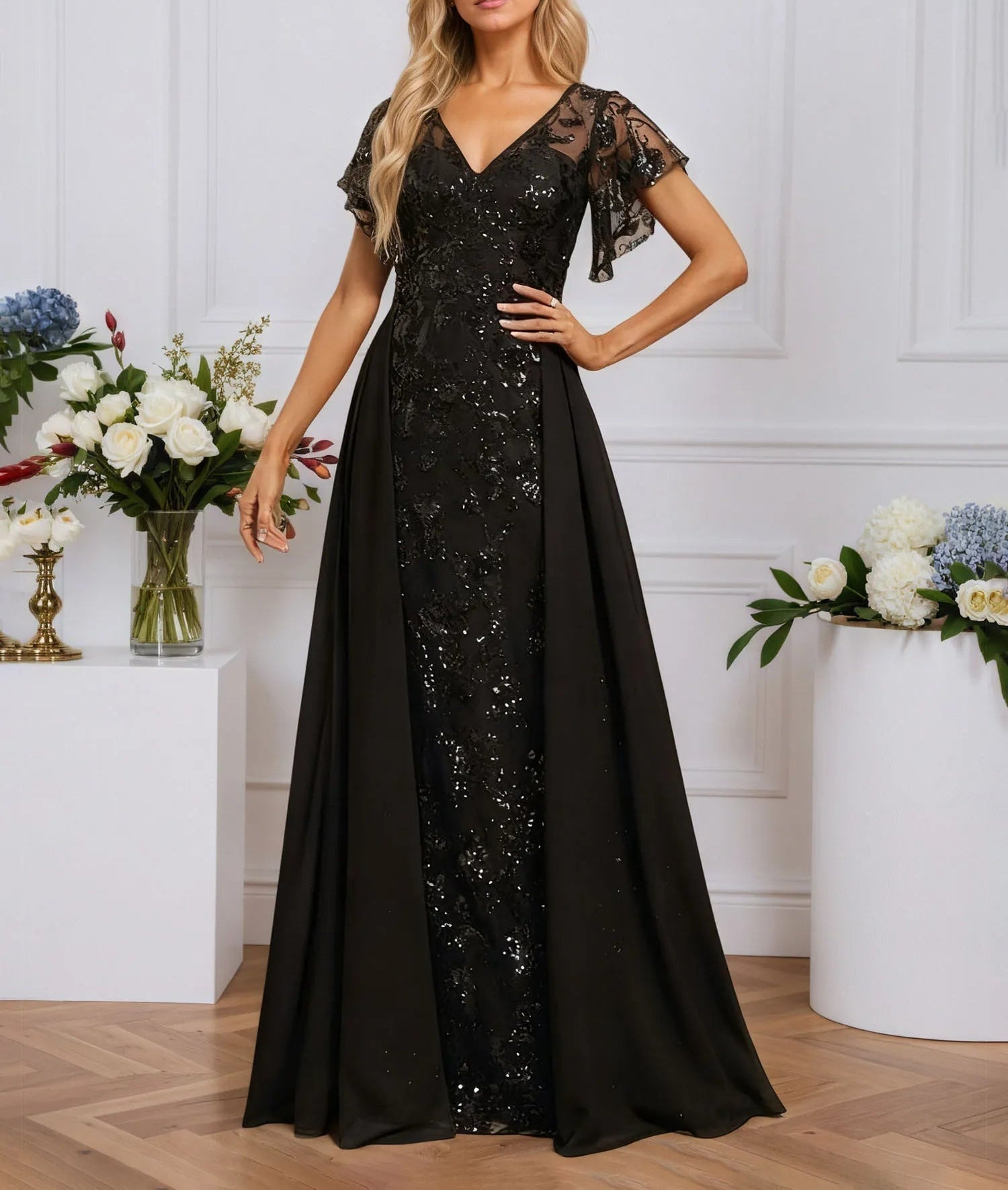 Sheath/Column Illusion V-Neck Floor-Length Sequin Chiffon Lace Evening Dress With Overskirt