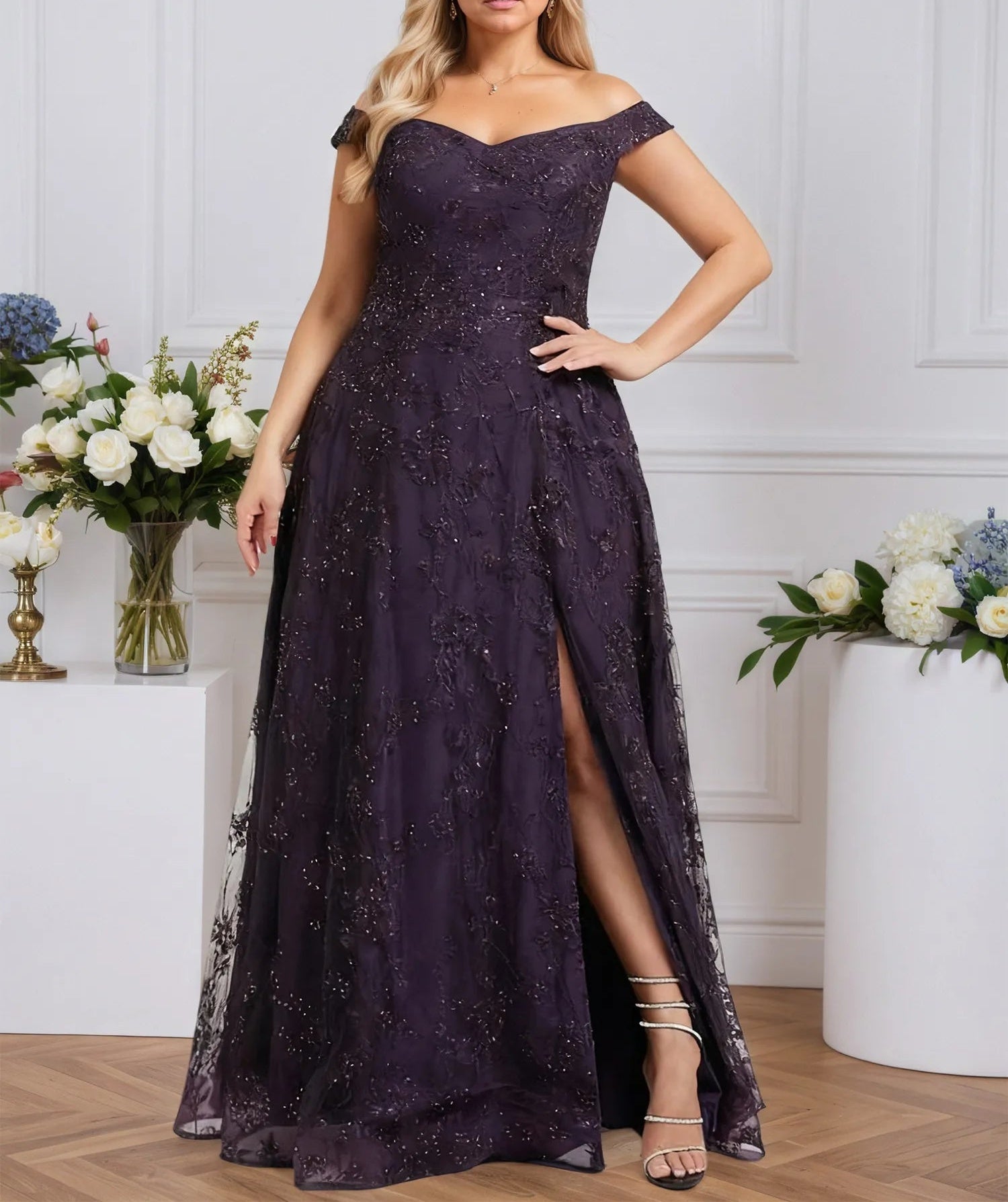 A-line Off the Shoulder Floor-Length Sequin Lace Evening Dress